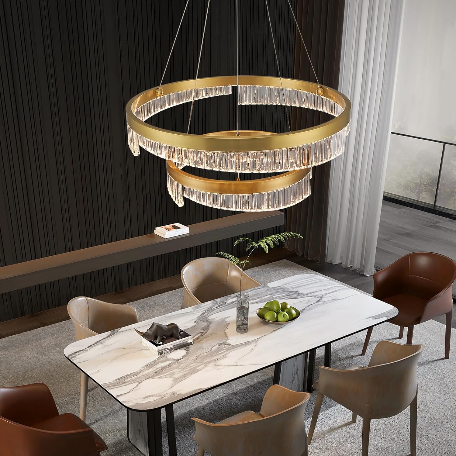 Modern LED Chandelier 2 Ring Gold Penndant Light Fixture for Dining Room Dimmable Flush Mount Chandelier with Remote Control for Living Room Bedroom Foyer