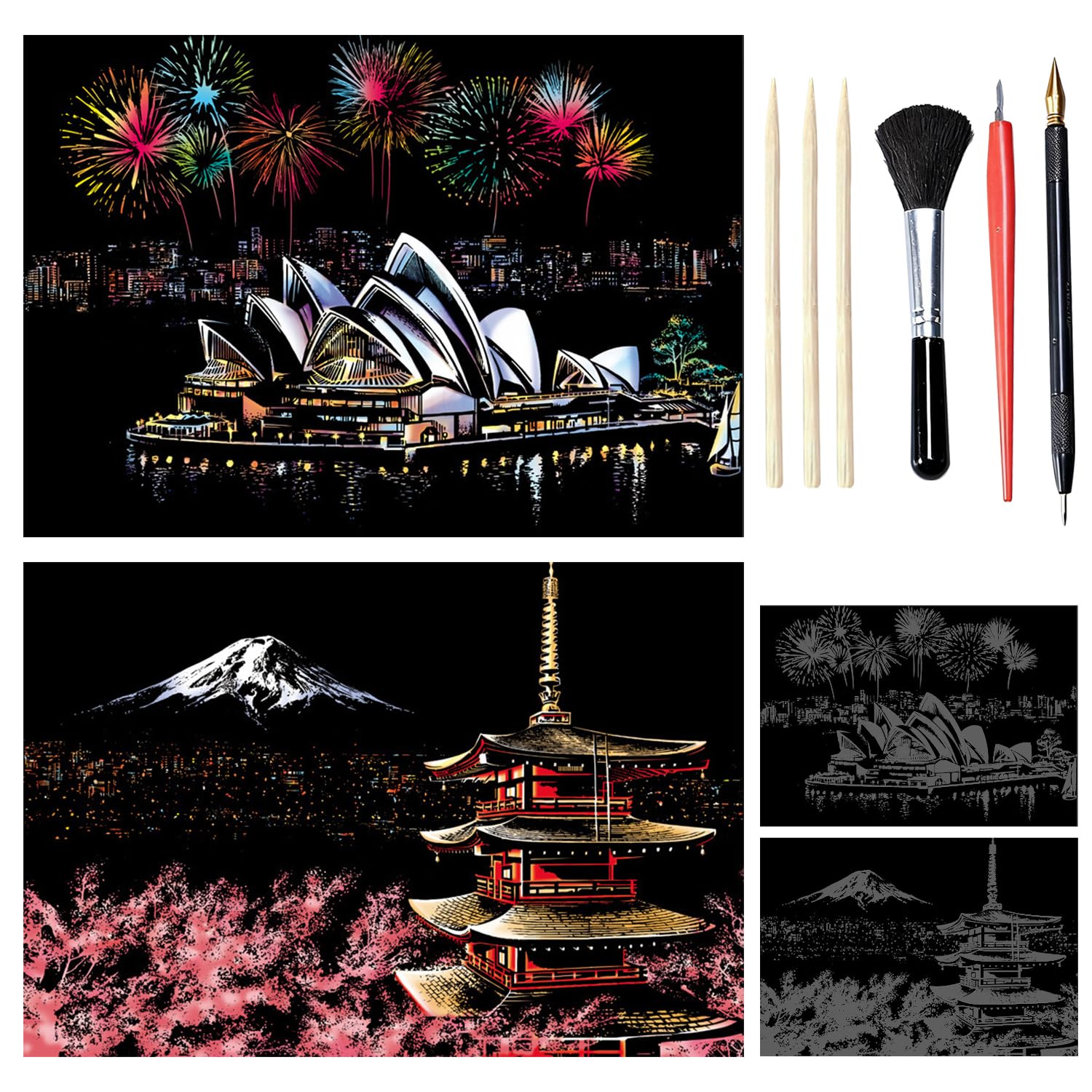 HIVTE 2 Pcs Scratch Art for Adults & Kids, DIY City Series Foil Engraving Crafts with Tools (A3-Landmark Buildings)
