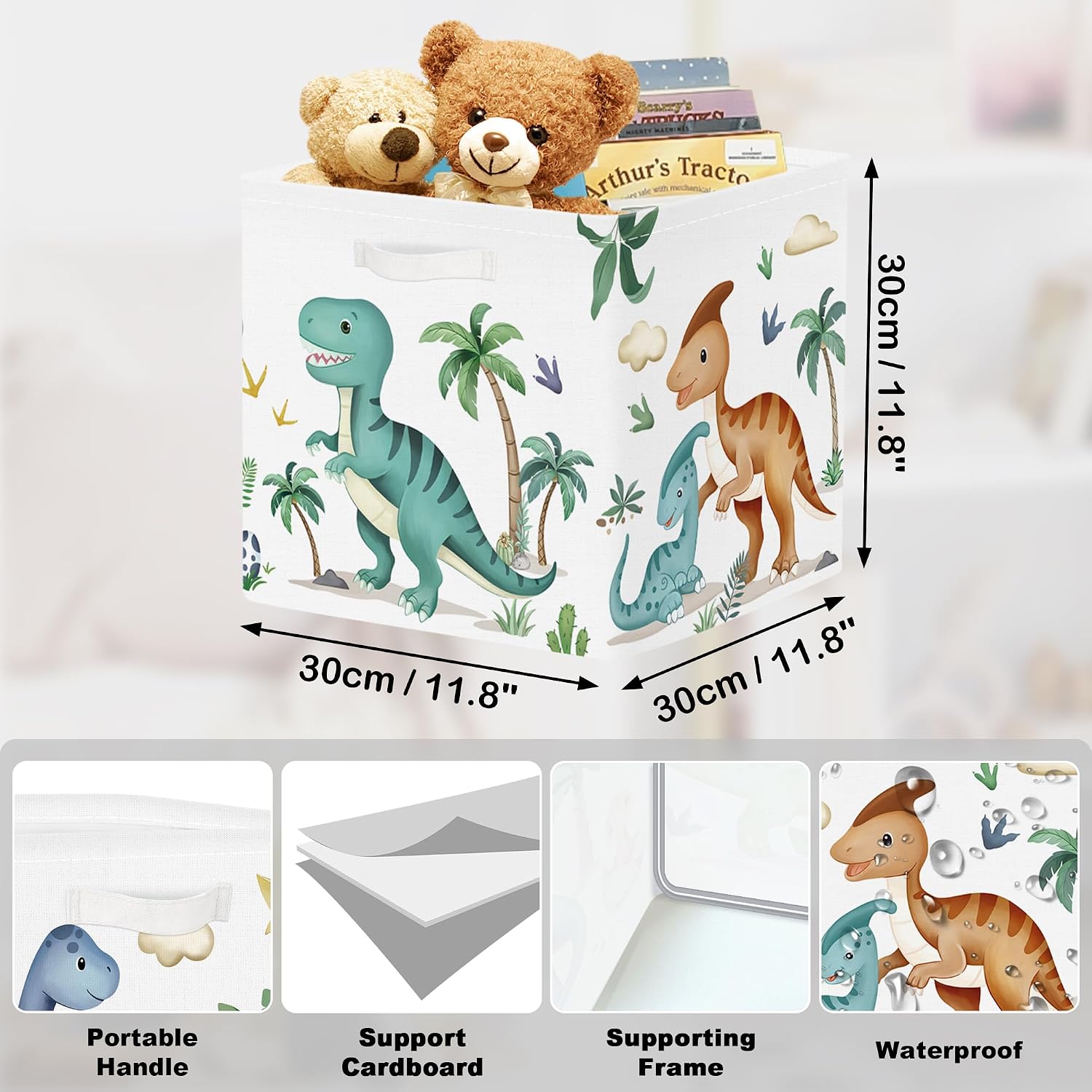 11.8" Boho Dinosaur Cube Storage Organizer Set 3Pcs Dragon Palms Cube Storage Bin for Bedroom Tyrannosaurus Rex Kid Book Toy Chest, Cartoon Dino