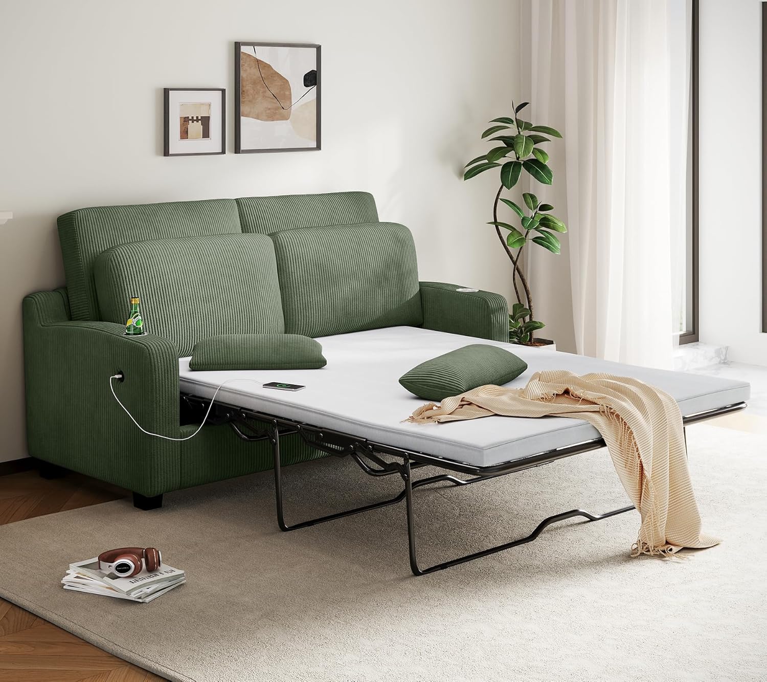 LINSY HOME Pull Out Sofa Bed - Convertible Loveseat Sleeper Sofa, Upgraded Bed Frame Pullout Couch - USB Charging & Cup Holders, Corduroy Sofa Bed for Living Room Small Space, Queen Size (Green)