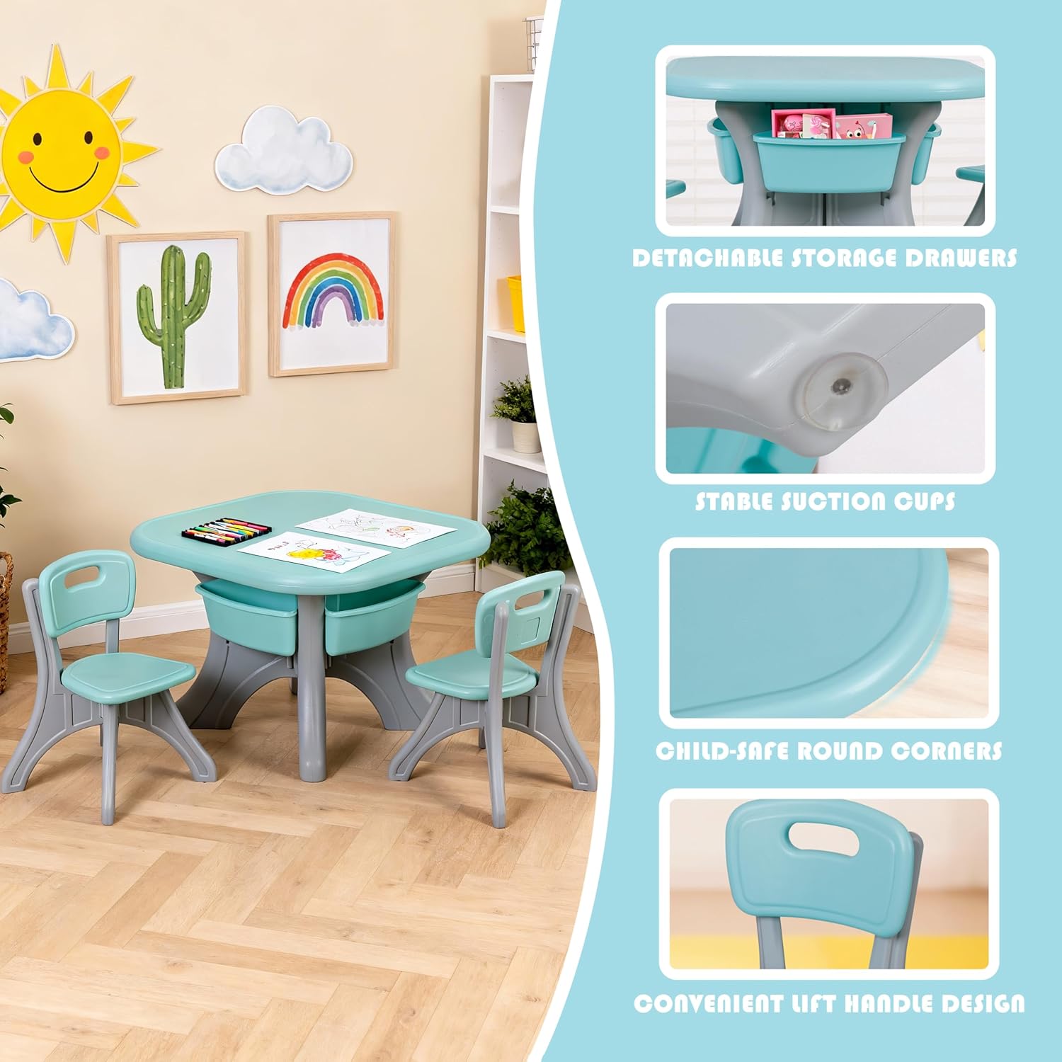 SUPER DEAL Kids Table and Chairs Set 3 Piece Plastic Children Activity Table with 4 Detachable Toy Storage Bins for Arts, Crafts, Snack Time and More, Safety Round Corners, Green