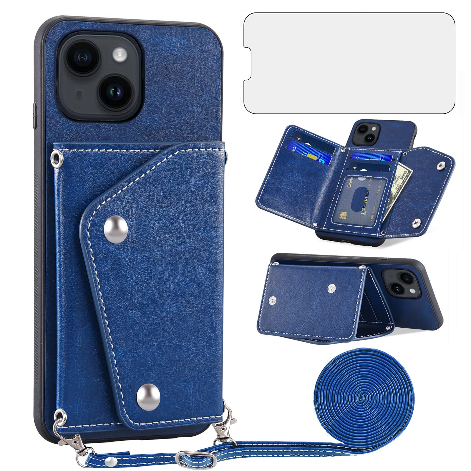 Asuwish Phone Case for iPhone 14 6.1 inch Wallet Cover with Tempered Glass Screen Protector and Credit Card Holder Crossbody Strap Stand Leather Cell
