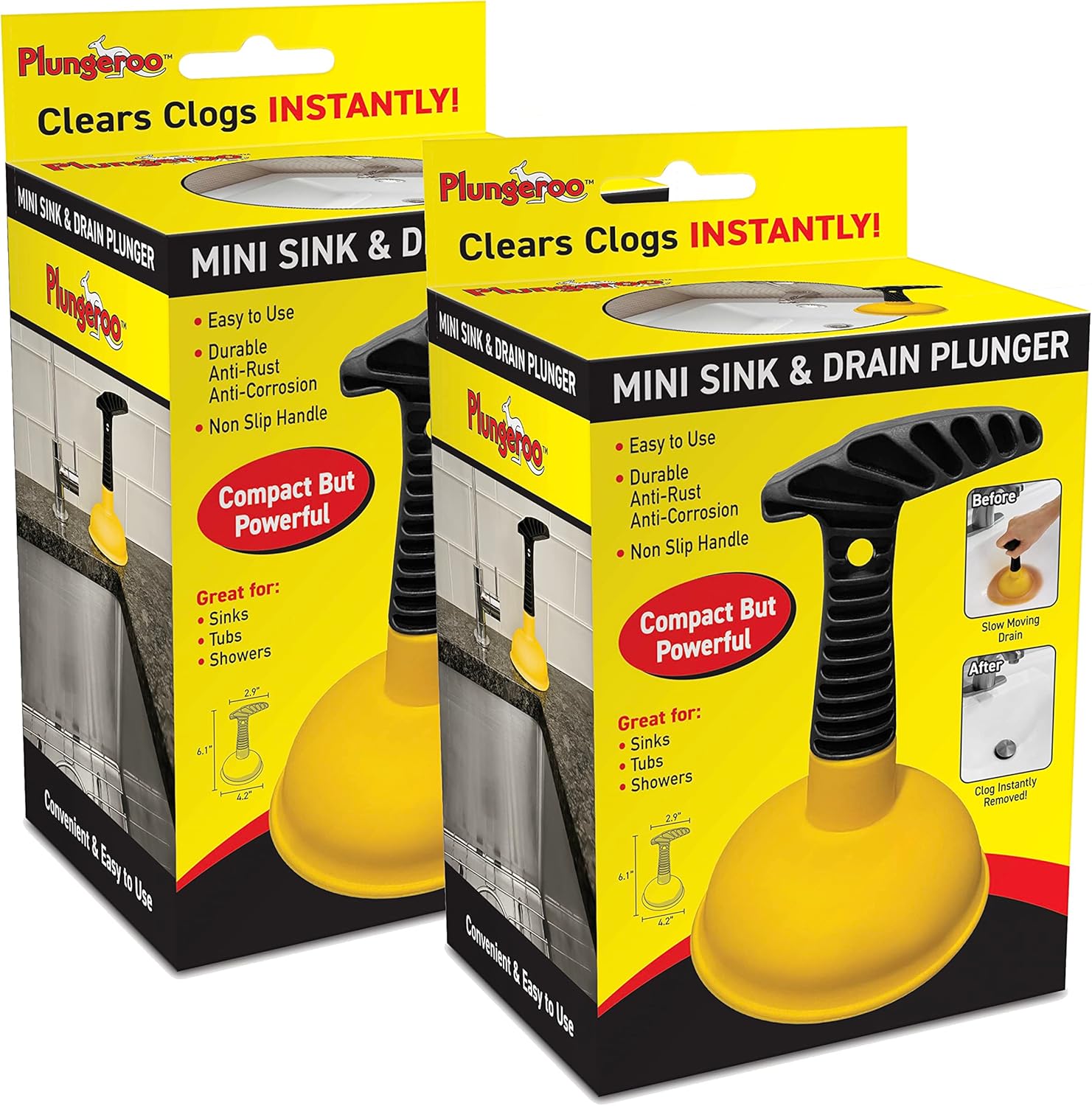 Plungeroo Sink Plunger 2Pack, Powerful Mini Plunger with Short Handle, EasytoUse