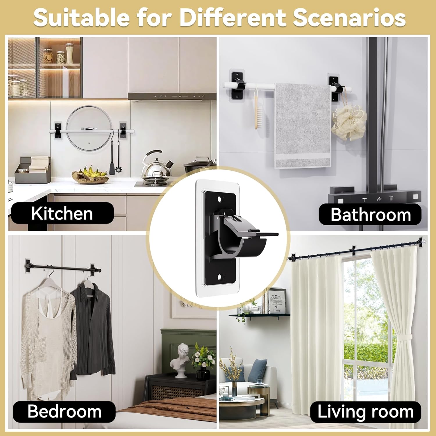 8PCS No Drill Curtain Rod Bracket, Self Adhesive Curtain Rod Holders, No Hole, Multipurpose Curtain Rod Hooks for Bathroom Living Room Kitchen and Bedroom (Black)