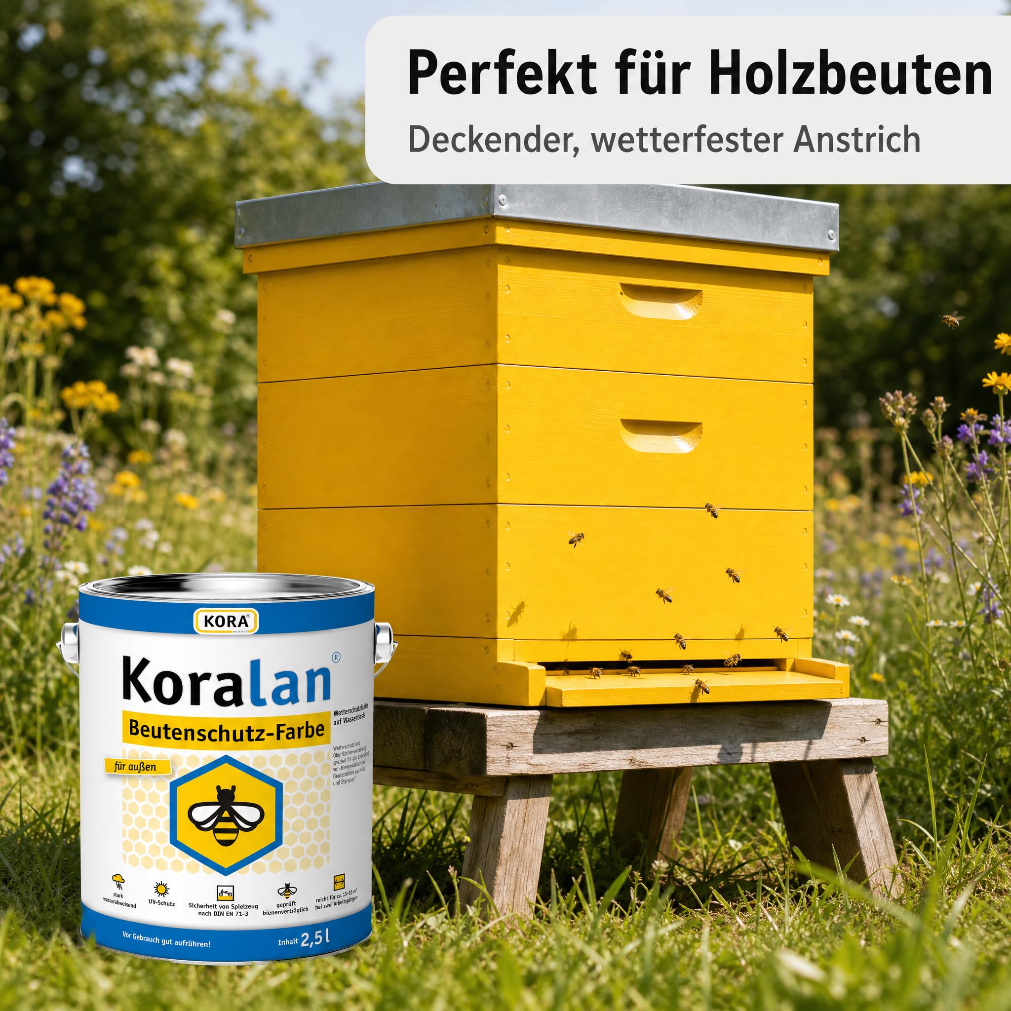 Koralan KORA Beutenschutz-Farbe für Bienenbeuten & Bienenkästen aus Holz & Styropor - wetterfeste Beutenfarbe, bienenverträglich, deckend, wasserbasiert & UV-beständig (Weiß, 2,5 Liter)