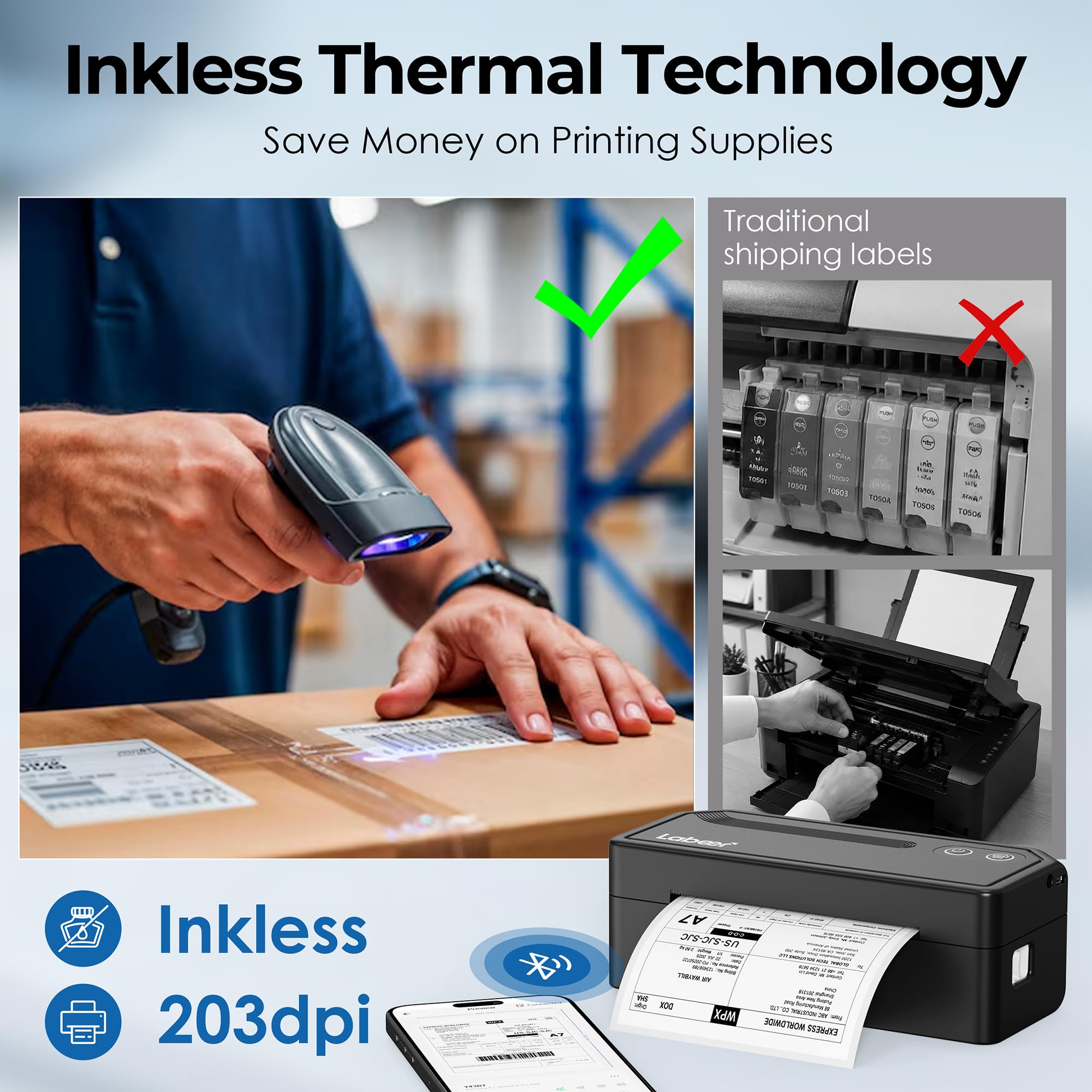 Labeer Bluetooth Thermal Etikettendrucker Versandpakete, 4x6 Wireless Etikettendrucker für kleine Unternehmen, Büro oder zu Hause, Kompatibel mit Windows/Mac/Android/iOS/Amazon/Ebay/Shopify/Etsy/USPS