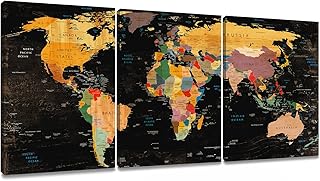 Decor MI World Map Wall Art on Canvas Black Canvas Prints Paintings 3 Pieces Canvas Map of The World Children Education Ready to Hang Map Decor Wall Artwork for Living Room Bedroom Bathroom Home