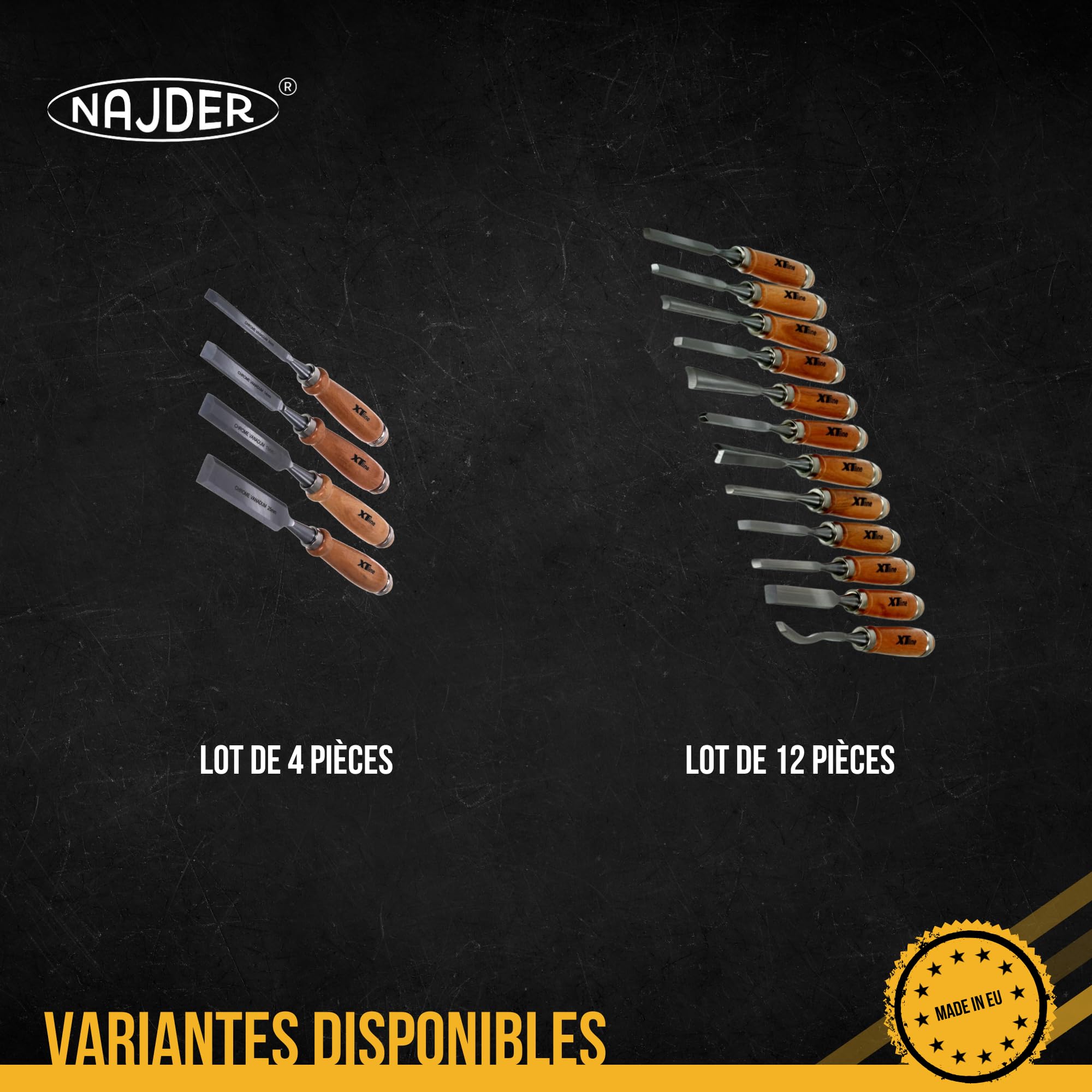 NAJDER Large Ensemble de Ciseaux à Bois, Outils Professionnels de Sculpture Gravure DIY, pour Sculpteur, Charpentier, Rond Biseauté, Manche en Frêne, 12 Éléments