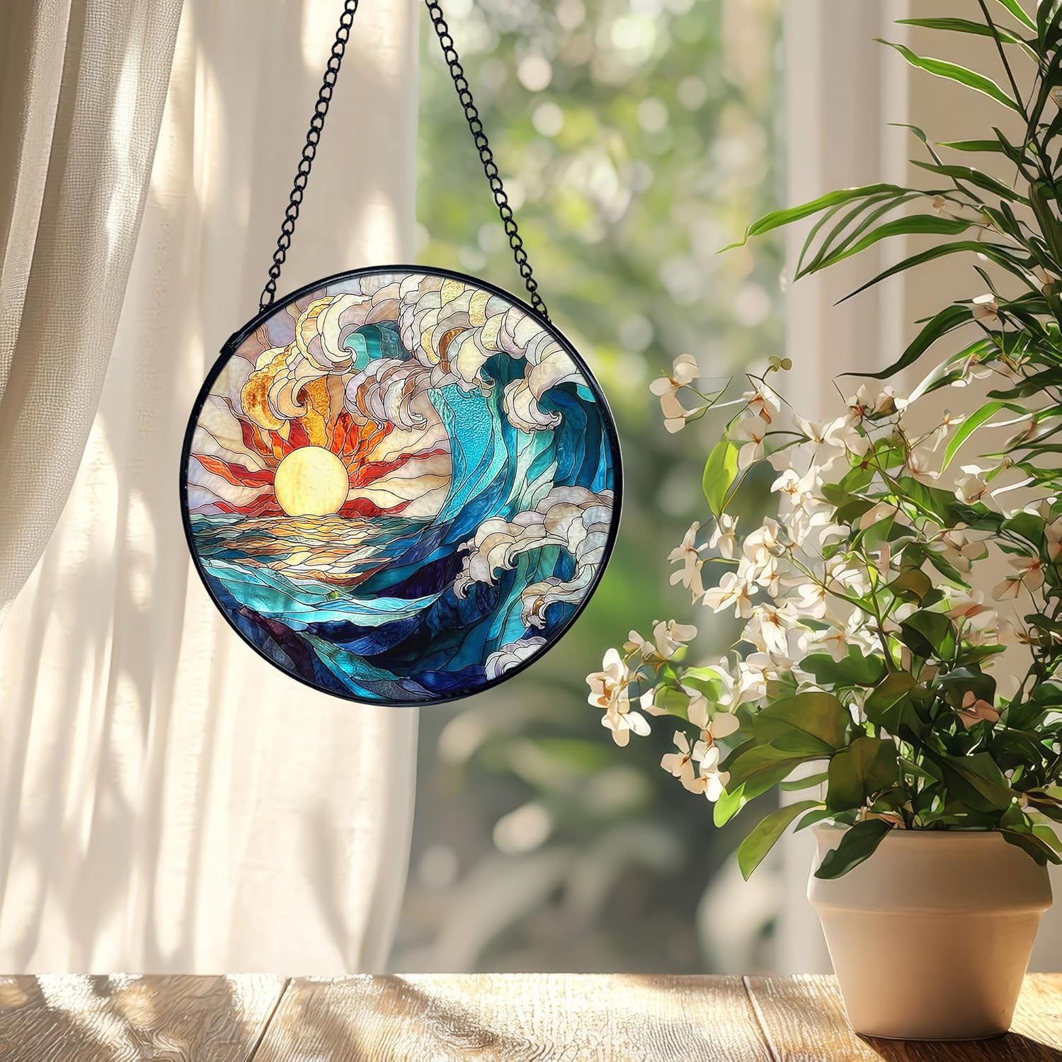 Sun Coastal Ocean Suncatcher Stained Glass Window Hanging, Ocean Waves Sunshine Sun Catchers Indoor Window Glass Wall Art Decor, Nautical Beach Wall Hanging Decor, 7.9x7.9 Inch 039-MH-BLGH - Image 3