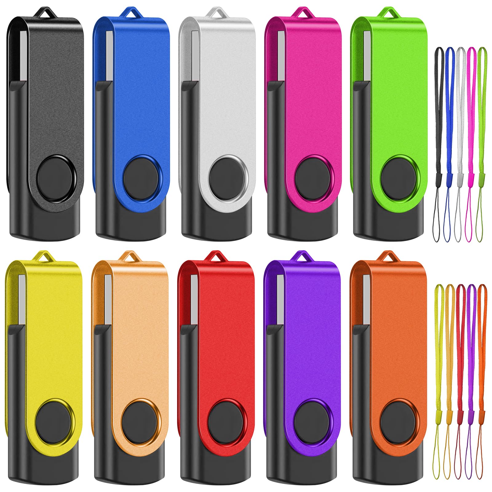 TEWENE USBメモリ 低容量 512MB 10個セット 10色 回転式 フラッシュドライブ 業務用 USB フラッシュメモリー USB2.0 ストラップ付 高級なスクラブ質感 ミックスグカラー