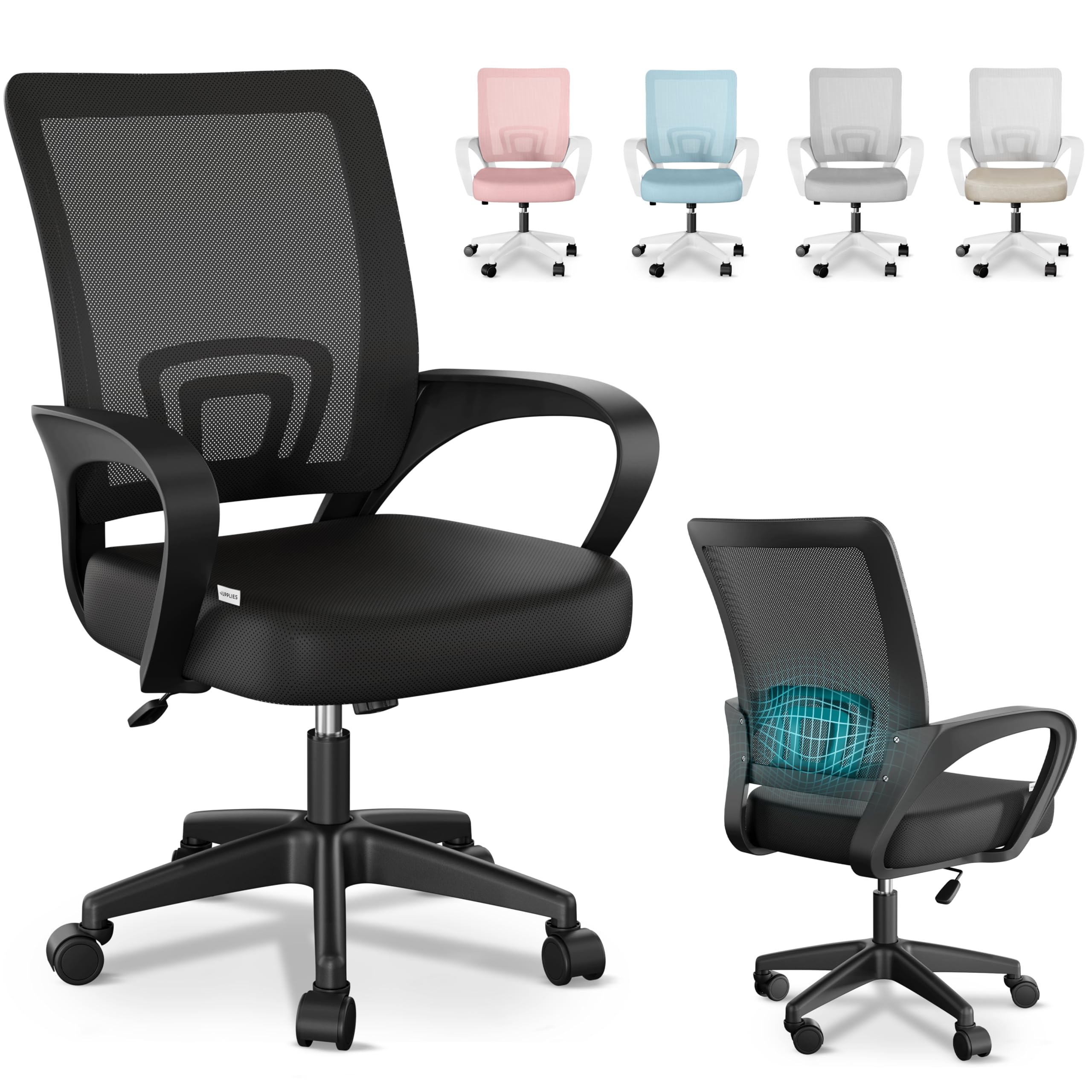 JUPPLIES Silla Escritorio Ergonomica - Silla Oficina con Apoyo Lumbar, Estructura de Plastico, Malla Transpirable, Ruedas Giratorias 360° Soporta hasta 110kg