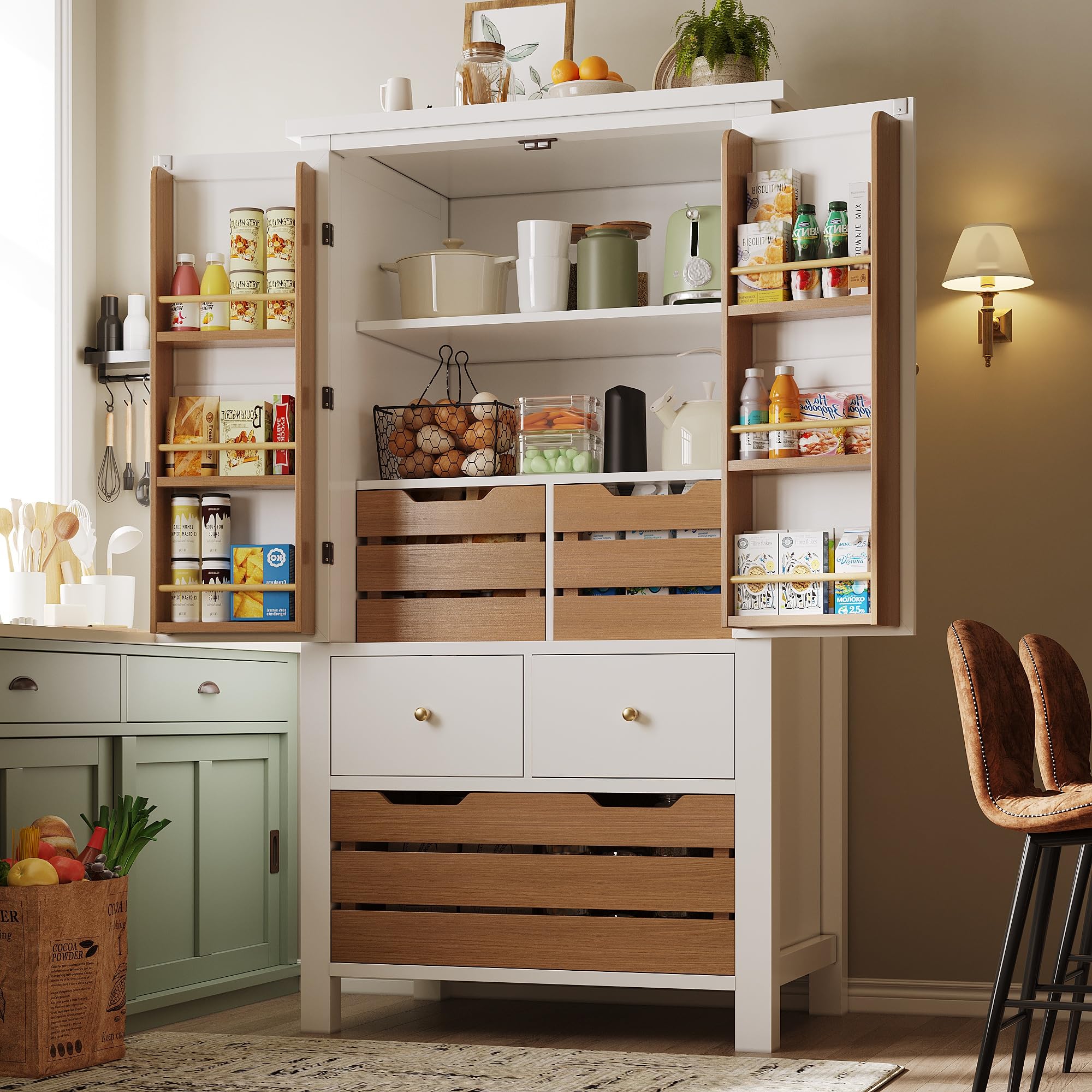 Kebnor Küchenschrank (80x40x140cm), hohes Küchenbuffet, Mehrzweckbuffet, Snackschrank, Aufbewahrungsmöbel mit Zwei Türen und fünf Schubladen (weiß)