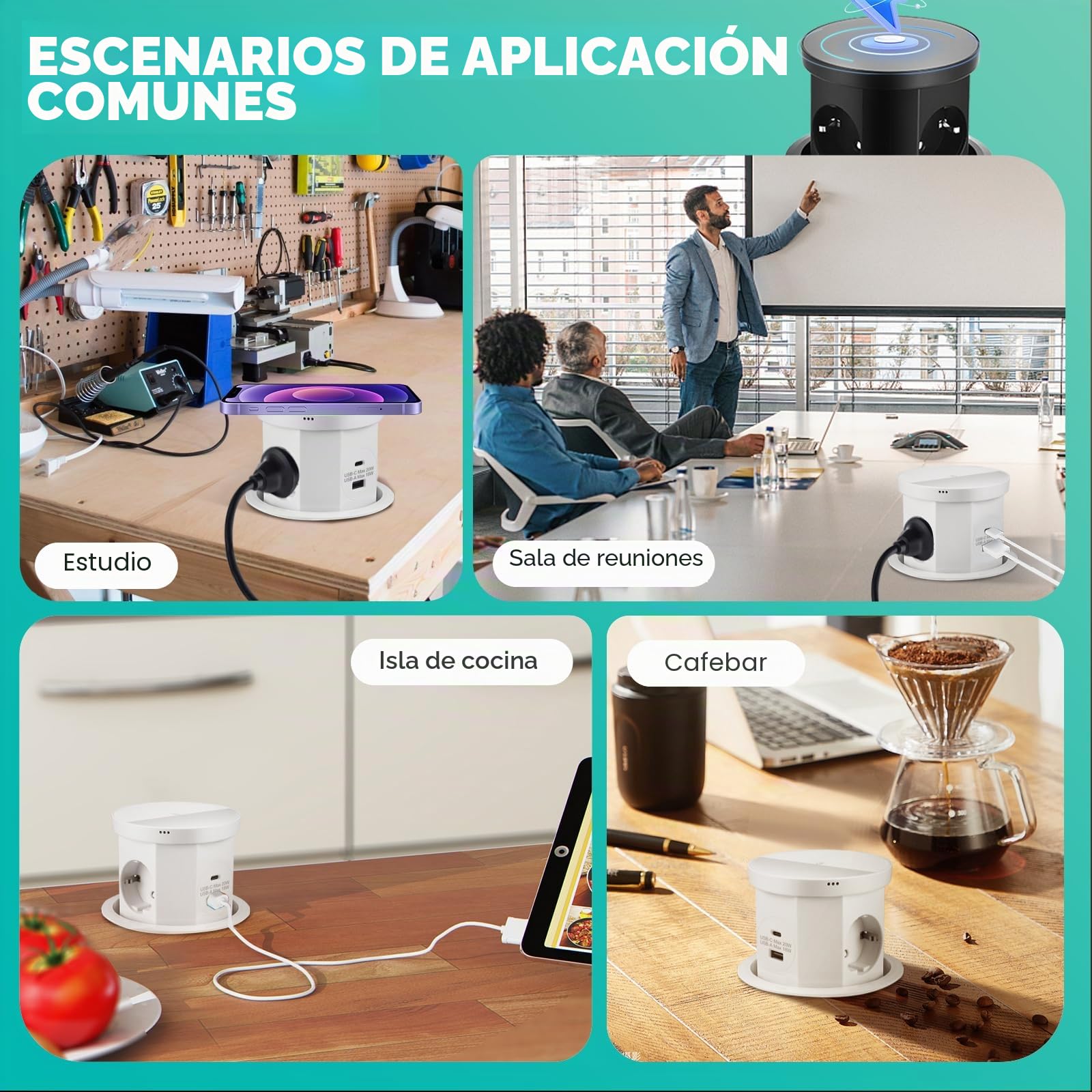Regleta de toma empotrable para encimera, multienchufe empotrable, toma de mesa retráctil con 3 enchufes, 1 USB-C y 1 USB-A - Mesa retráctil - con cargador inalámbrico (blanco)