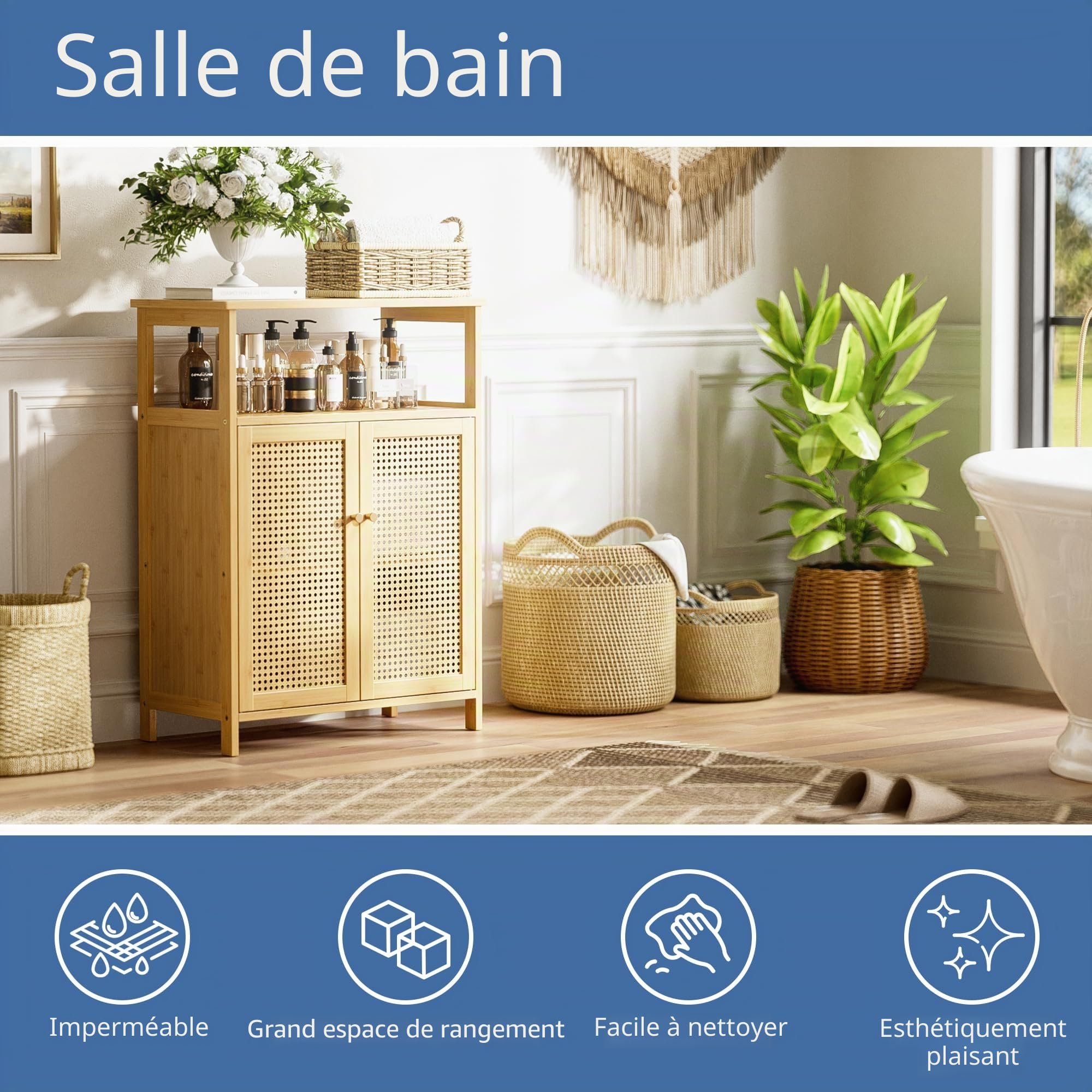 HITNET Armoire de Rangement en Rotin, Meuble de Salle de Bain avec 2 Portes, Armoire sur Pied en Bambou, Organisateur latéral autoportant pour Salon, Cuisine, entrée, Naturel
