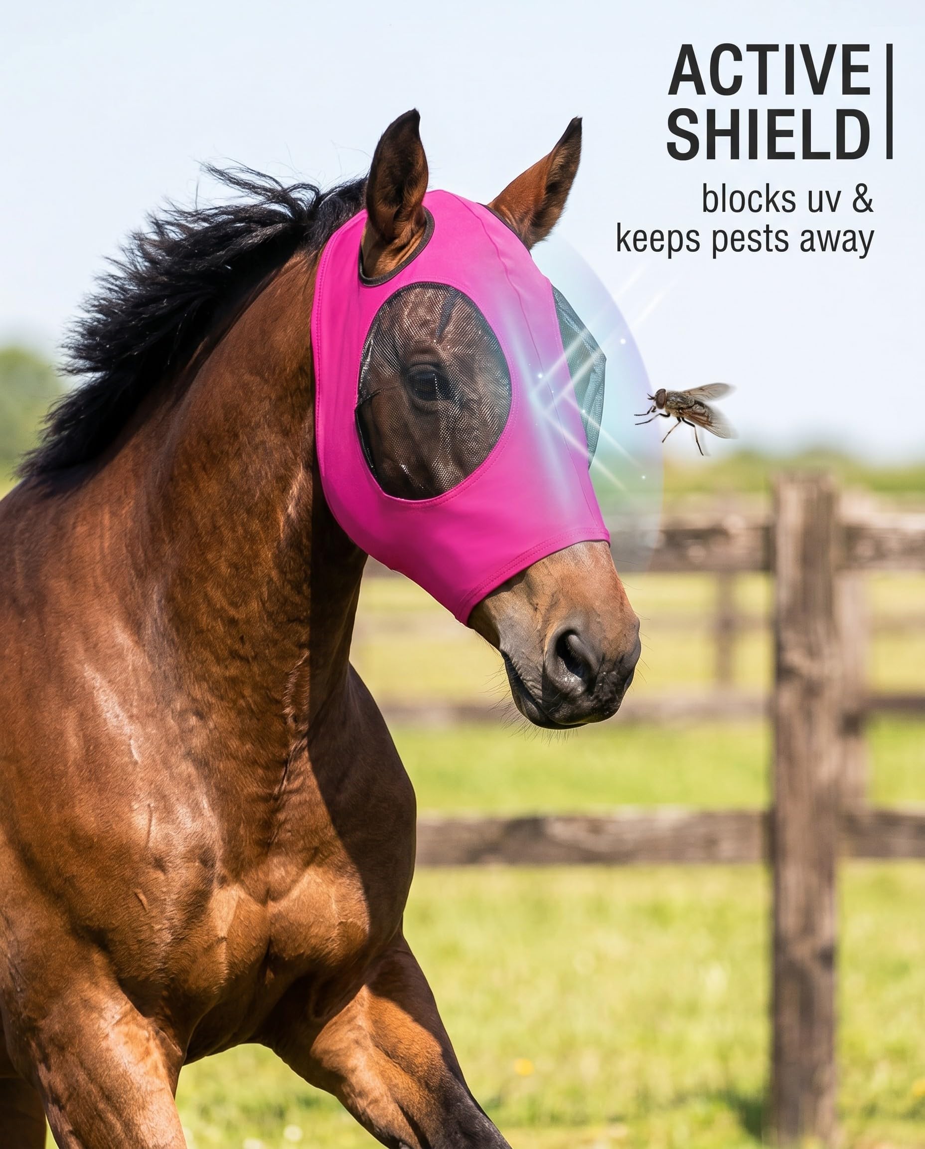 1 Pz Maschera per Cavalli Rosa Fucsia con Paraorecchie, Protezione UV & Insetti, Rete Traspirante per Benessere Equino