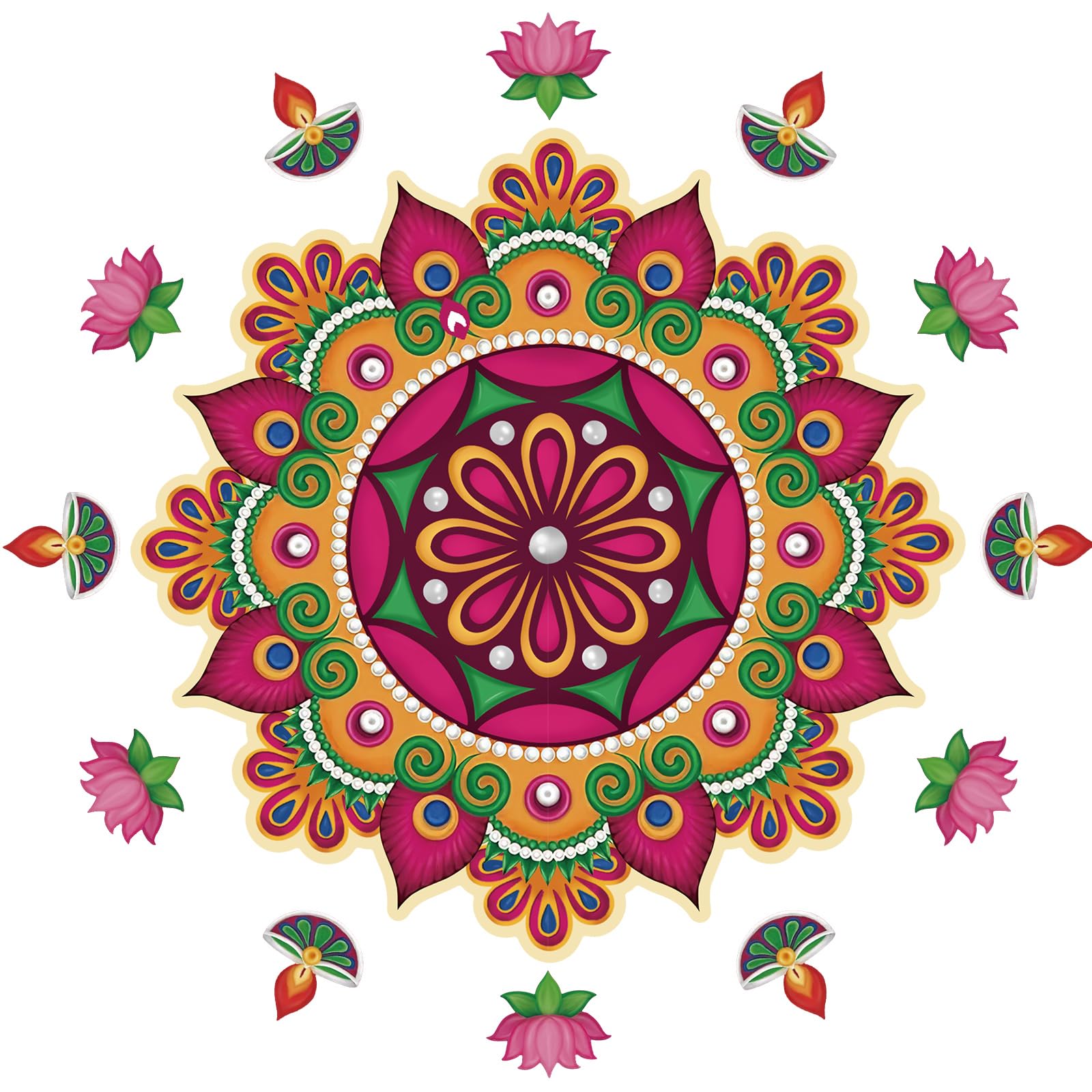 Chiisong Diwali Decorations for Home: Rangoli Pattern Stickers, Floor, PVC, Traditional, Multicolor, 16pcs (4 Rangoli + 6 Lotus + 6 Oil Lamp)