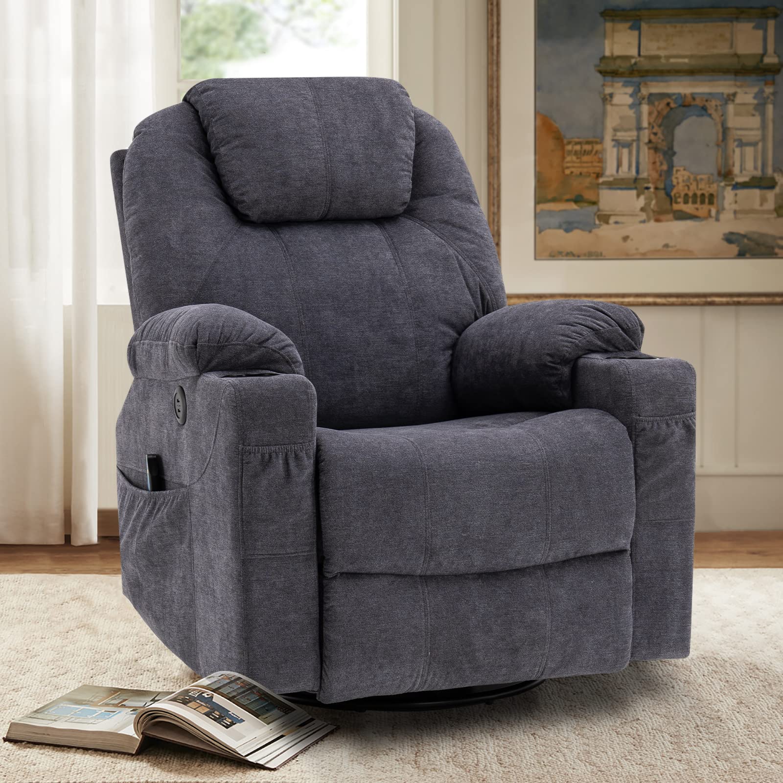 VIVIJASON Manual Massage Rocker Recliner Chair, 360° Swivel Glider Lounge Chair with Heat Ergonomic Home Theater Recliner Sofa with 2 Cup Holders,