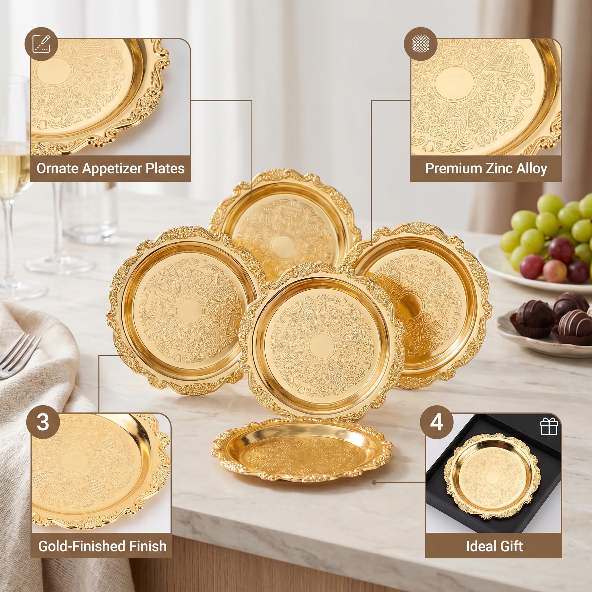 Plaques de Desserts en or, Scoupe à Main en Métal de 6 Pièces 9 Cm, Petites Assiettes pour le Buffet de Mariage et Affichage de Rassemblement