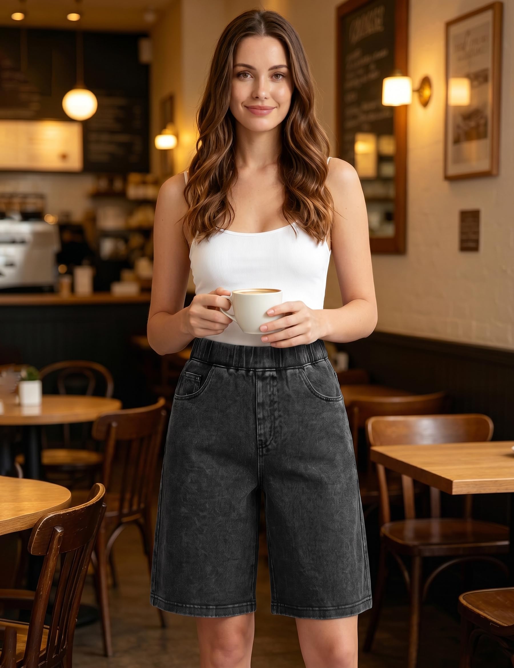 Fengbay Bermuda en jean pour femme, longueur genou, pour l'été, élastique | Short en jean décontracté, taille haute, taille haute, en coton doux, avec poches, pour femme, quotidien, extérieur