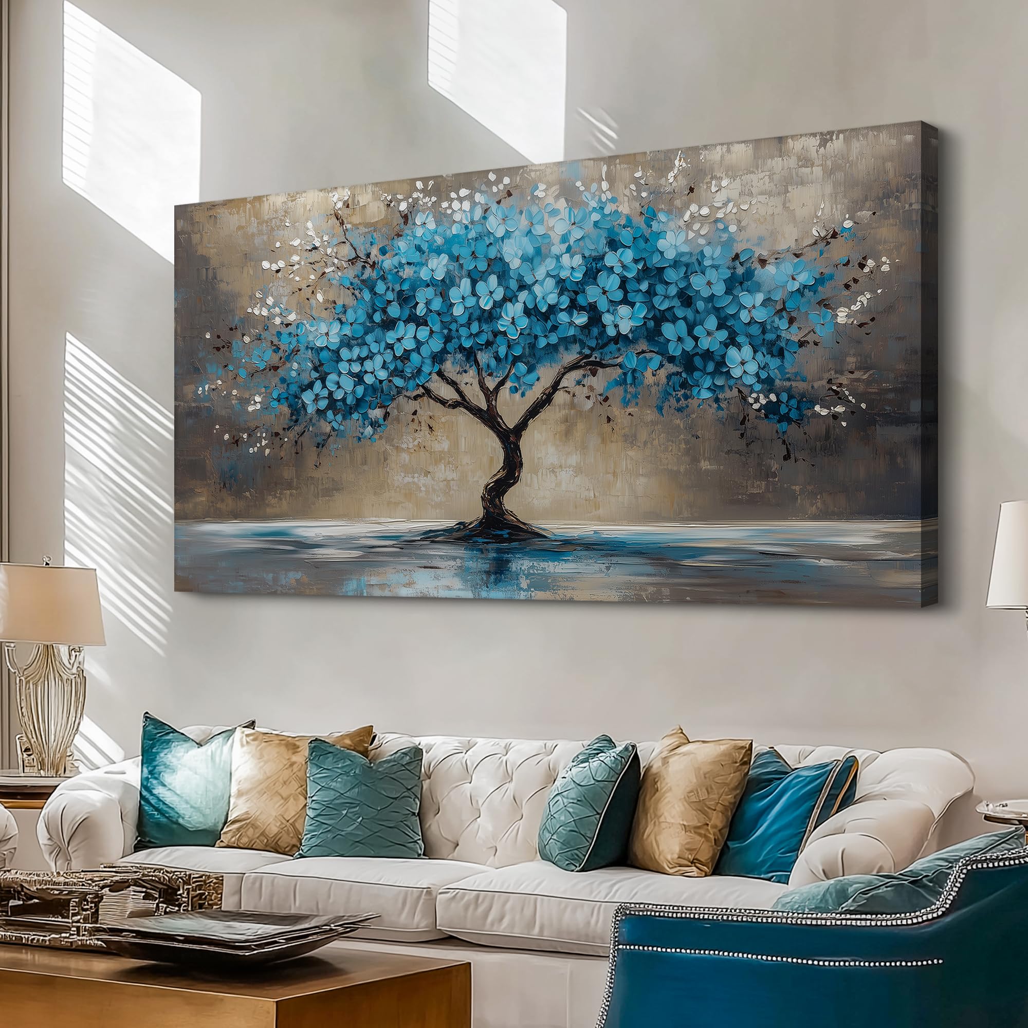 selatala Extra Large Wall Art for Living Room 29"X58", Tree of Life Large Textured Canvas Prints Paintings, Teal Blooming Flowers Wall Decor, Blue Tree Modern Office Bedroom Bathroom Farmhouse Decor