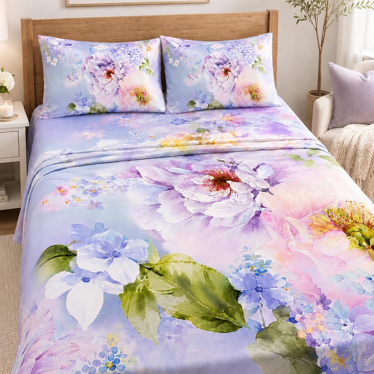 YIYEA Floral Sheets Queen Size, Brushed Microfiber Bed Sheet Set, 4-Piece | Ultra-soft double-brushed microfiber, 16-inch deep pocket and fade-resistant floral print; includes 2 pillowcases.
