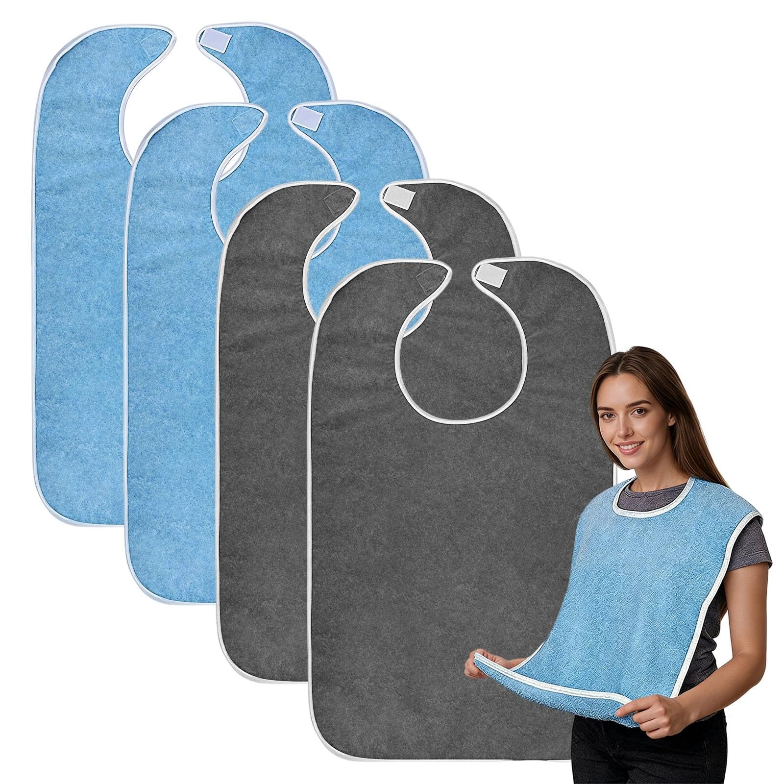 MFSKJELF Adult Bibs for Eating, 4 Pcs Waterproof Adult Bibs with Crumb Catcher, Clothing Protector Bibs for Seniors, Elderly, Disabled, Dining Bibs for Adults