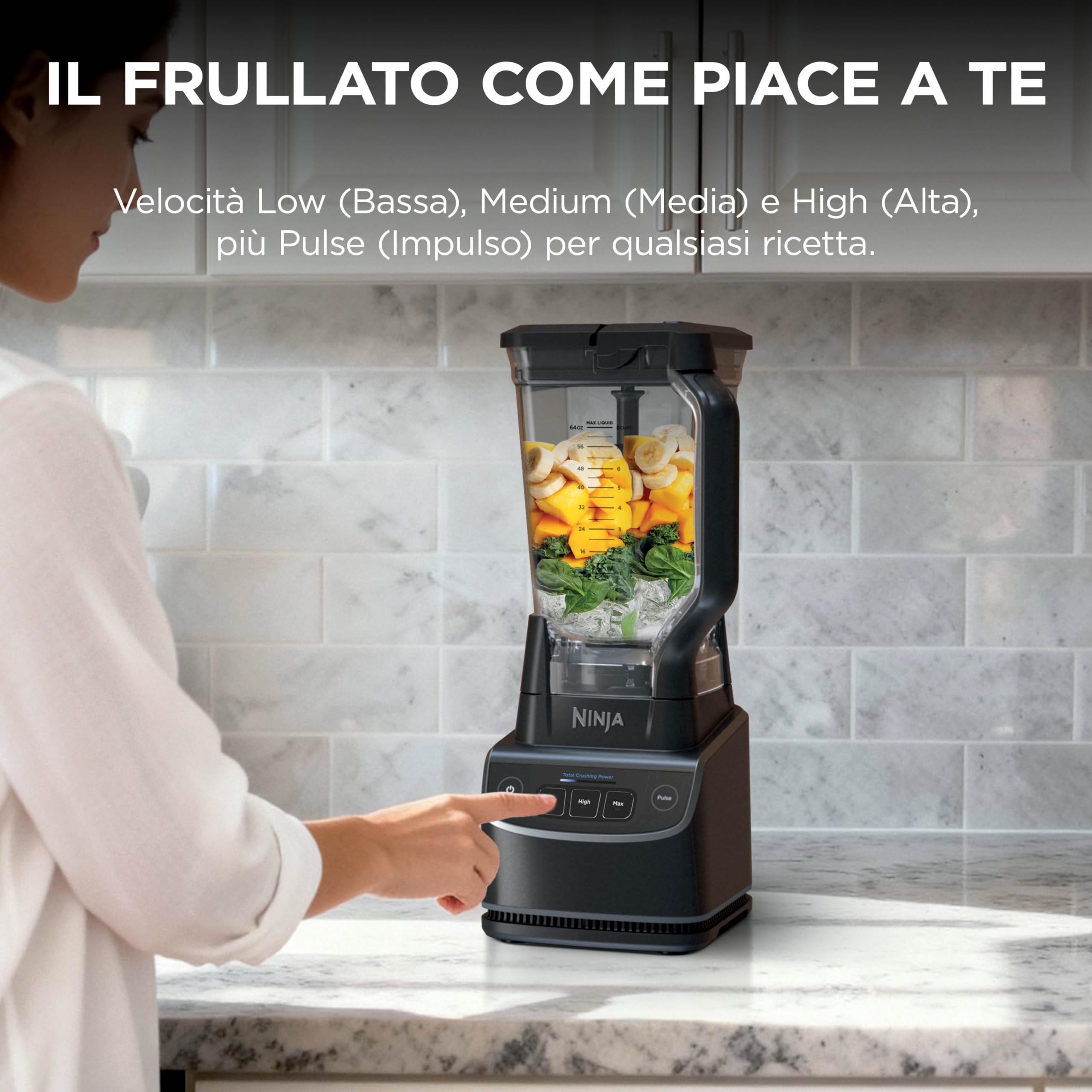 Ninja UltraCrush Frullatore con caraffa, 3 velocità, modalità manuale Pulse (Impulsi), caraffa capiente con capacità massima di 1,9 L, per preparare smoothie, salse e altro ancora, nero BP201EU
