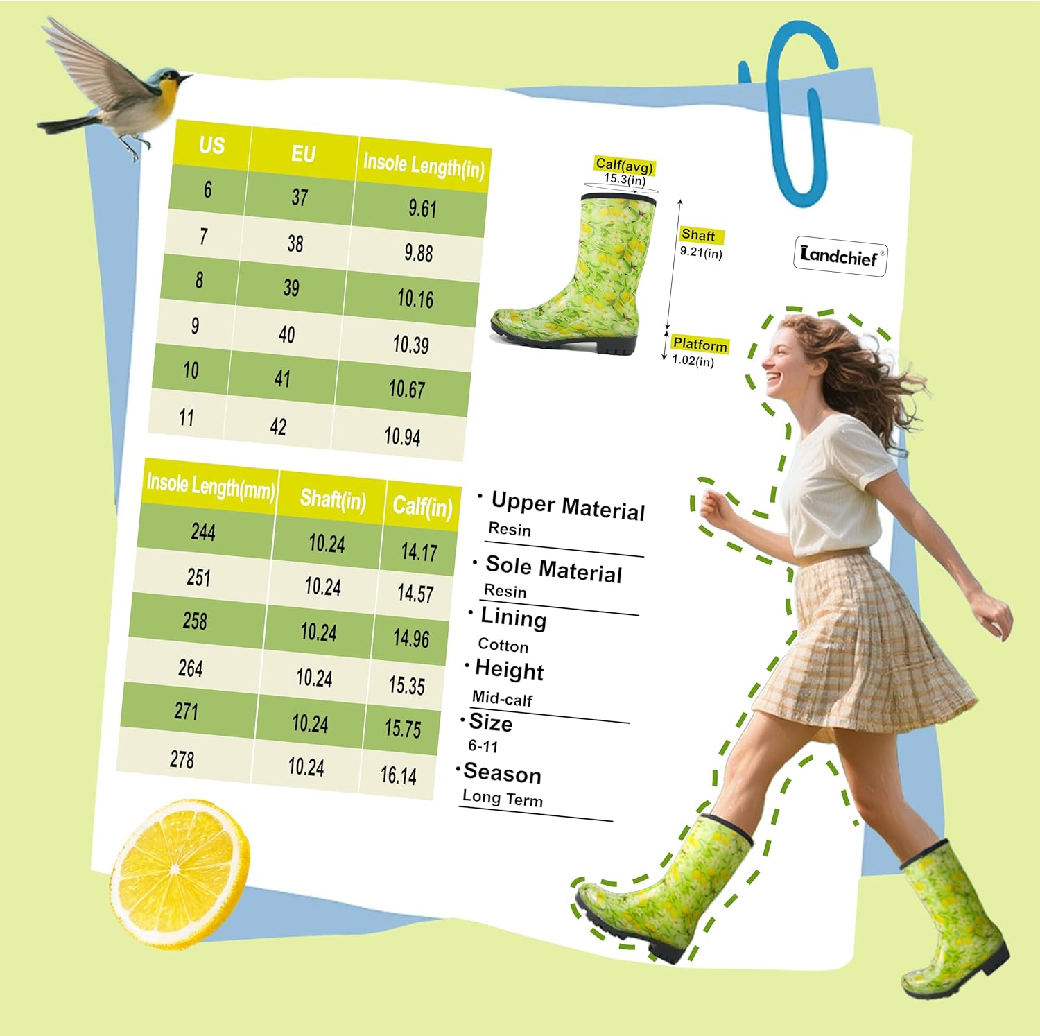 landchief Women's Waterproof Mid-Calf Garden Rain Boots - All-Season Lightweight Mud Boots with Cushioned Comfort Insole for Gardening, Hiking & Farming