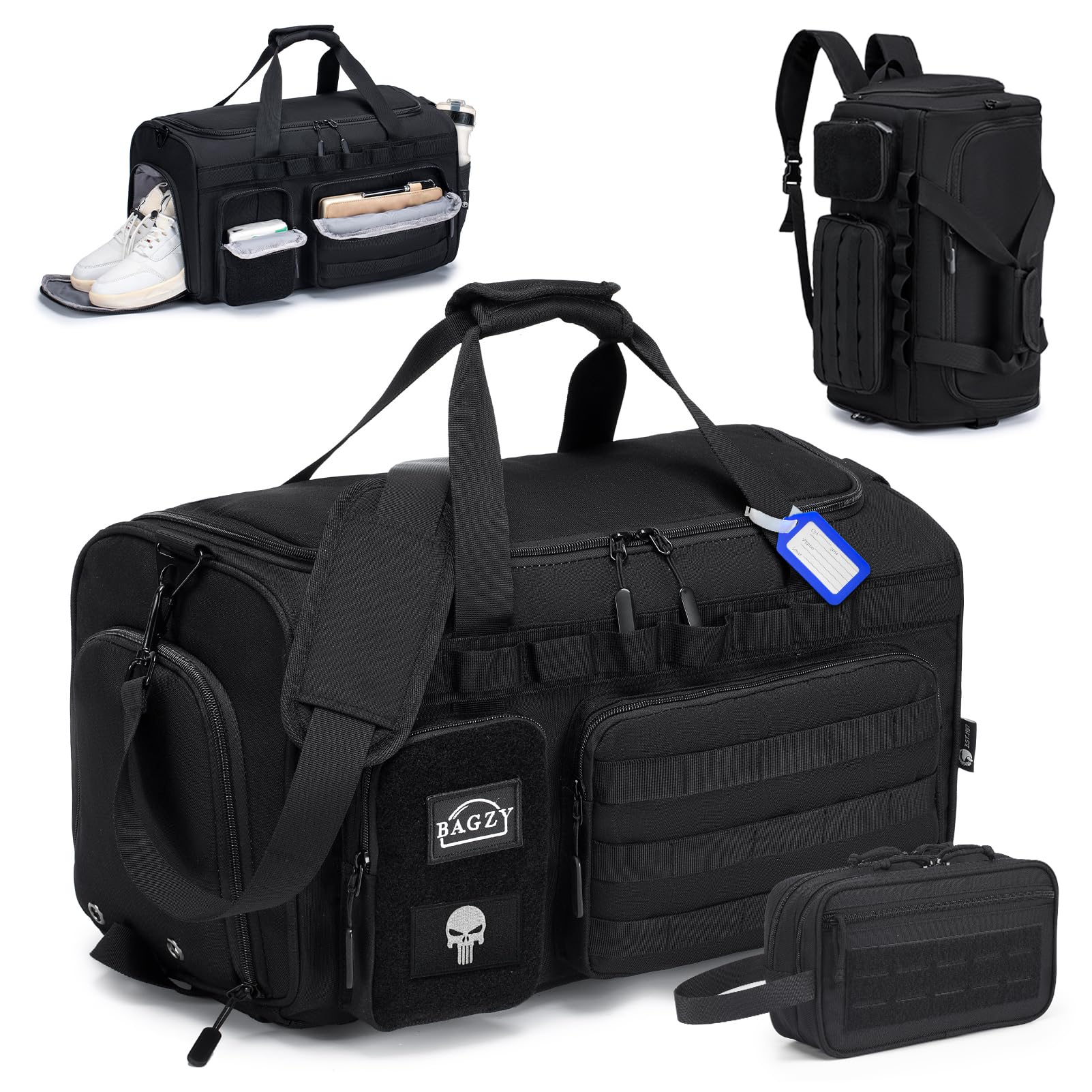 BAGZY 3 in 1 Borsone Palestra Uomo Impermeabile 40 Litri Borsa Sportiva Donna Borsone da Viaggio Tattica Militare Con Scomparto per Scarpe per Fitness Weekender Camping Con Borsa per Toilette Nero