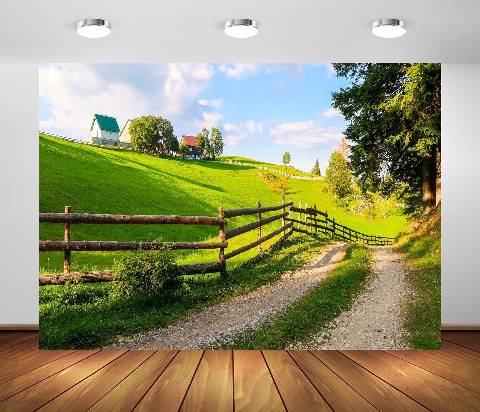 BELECO 4.6x2.5m Sfondo in tessuto Villaggio di campagna | Colline verdi casa di legno recinto strada rurale sfondo natura accessori studio foto per ritratti