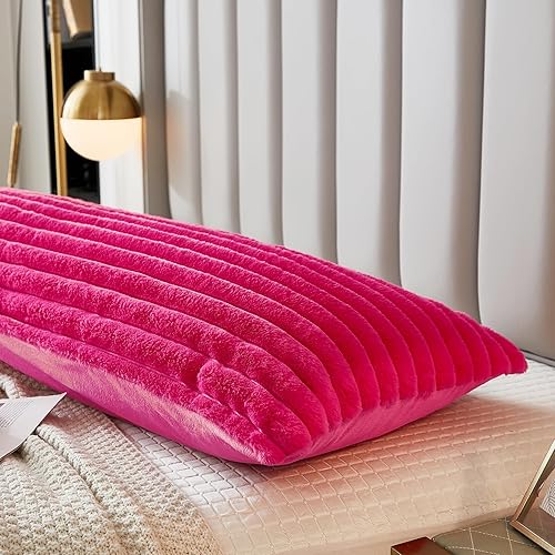 Miniatura 3 de Uhamho Juego de 2 fundas de almohada para cama tamaño Queen, fundas de almohada lumbares rectangulares de pelo sintético de conejo a rayas y parte