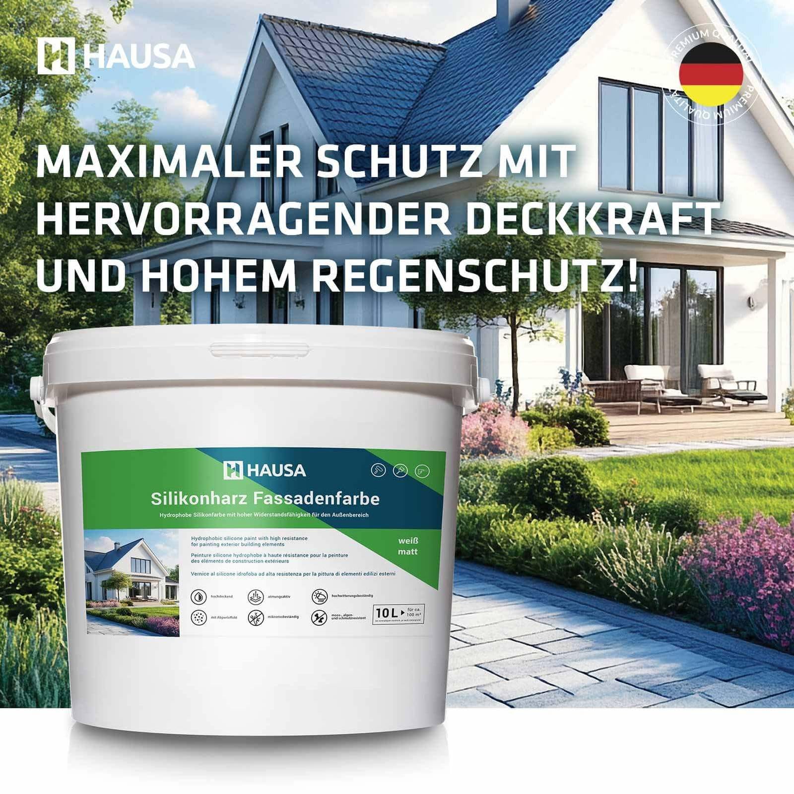 Hausa Silikonharz Fassadenfarbe 10L weiß matt, hochdeckende hydrophobe Außenfarbe mit Abperleffekt für alle Außenputze, Beton, Zement, Mauerwerk, Ziegel, witterungsbeständig atmungsaktiv