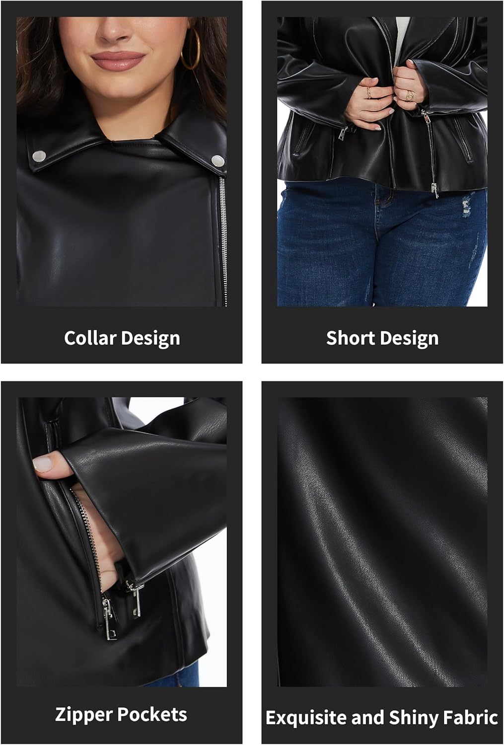Fahsyee Women's Faux Leather Jackets, Zip Up Motorcycle Short PU Moto Biker Outwear Fitted Plus Size Coat - Image 6