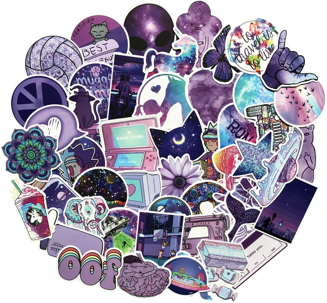 Stickers for Water Bottles Big 50-Pack Purple Cute Aesthetic Trendy Stickers for Teens,Girls Perfect for Waterbottle Laptop Phone Travel Extra Durable 100% Vinyl (Violet)