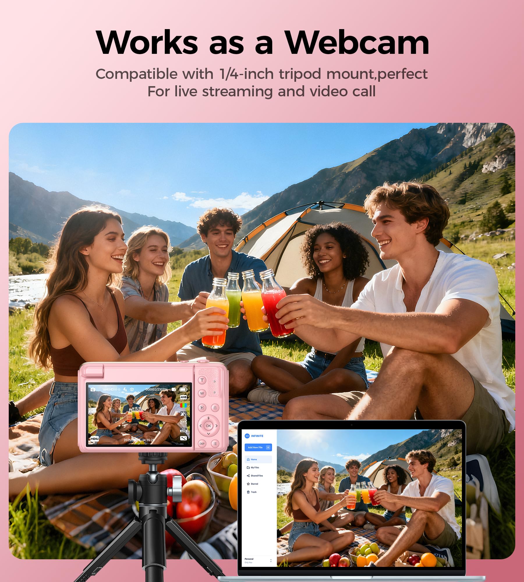Appareil Photo Numérique 4K Digital: 64MP Appareil Photo Compact pour Vidéo avec Écran 3" Abattable 180° Digital Camera Zoom 16X pour Enfants Débutants Adultes Étudiants Rose(Carte SD Non Fournie)