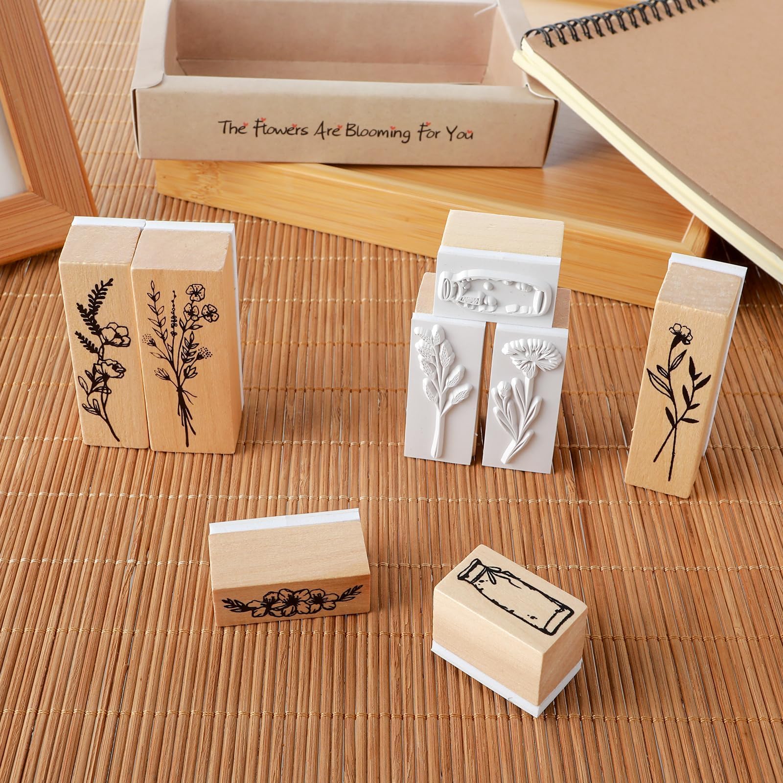 8 Piezas Madera Sellos,Goma Juego Sellos Flores Árboles Retro Personalizado Sellos Patrones Botánicos Sellos Entintado Manualidades,para Álbumes Recortes Diseño Tarjetas Pequeñas