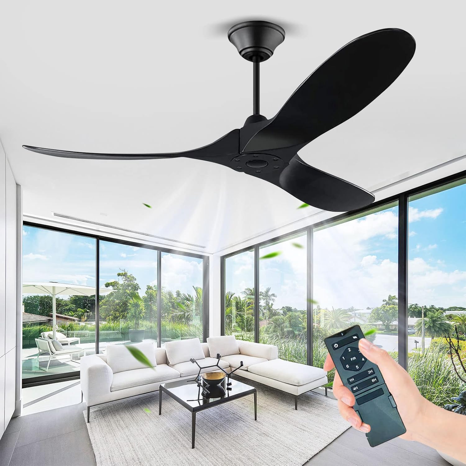 EKXIIO 60 Inch Outdoor Ceiling Fan No Light with Remote, Black Ceiling Fan without Light, 3