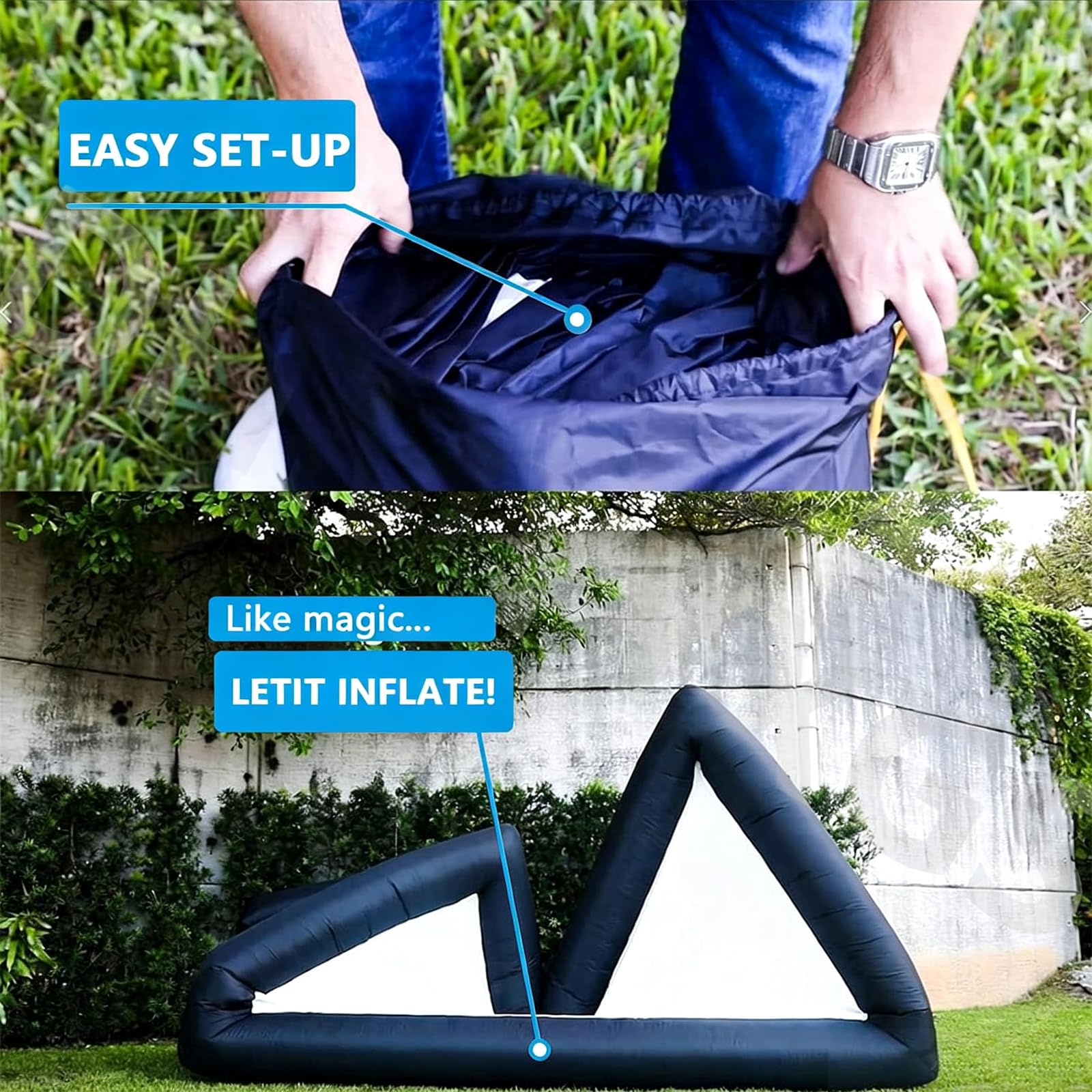 Schermo Gonfiabile 16:9 per Cinema all’Aperto con Borsa | Retro Nero, Gonfiaggio in 2–4 Min e Telo Lavabile a Proiezione Frontale per Giardini, Spiagge ed Eventi(16ft)