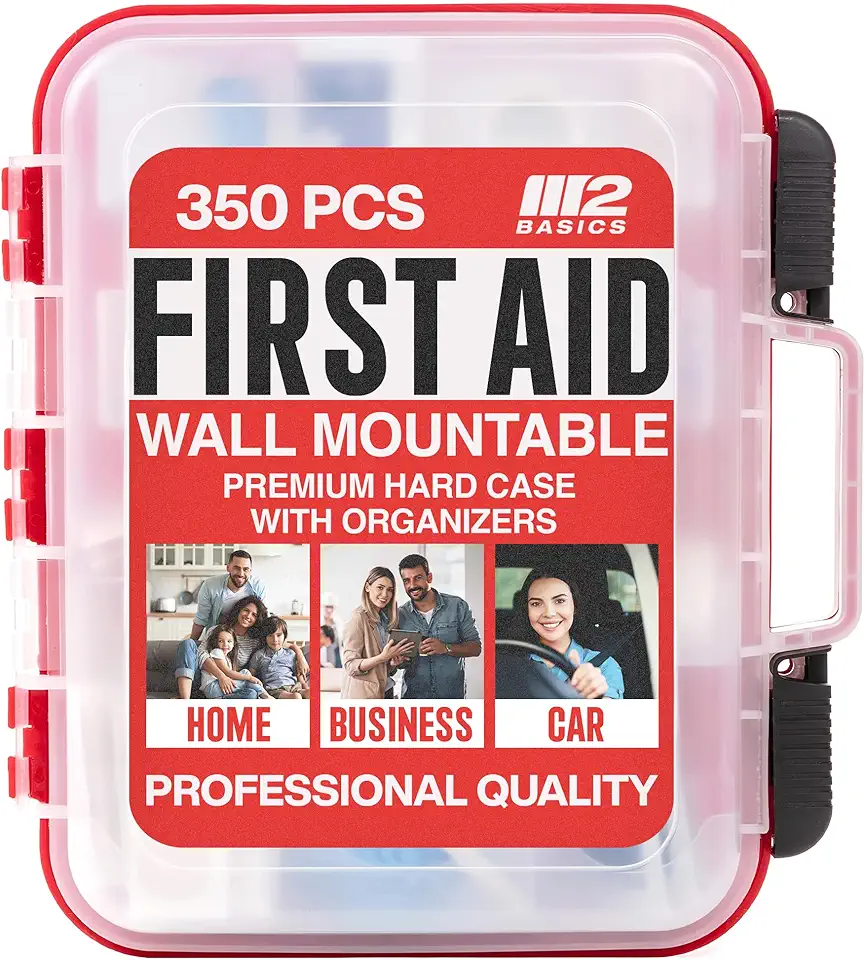 M2 BASICS Professional 350-Piece Emergency First Aid Kit for Car, Home, Office &amp; Business – Organized Dual-Layer Hard Case, Wall-Mountable Medical Supply Organizer, OSHA Workplace Safety