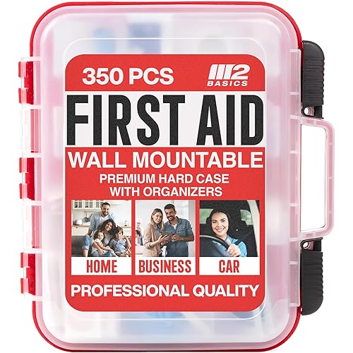 M2 BASICS Professional 350-Piece First Aid Kit – First Aid Kit for Car, Home, Office, Business & Vehicles – Organized Dual-Layer Wall-Mountable Hard Case, Emergency Medical, OSHA Workplace Safety