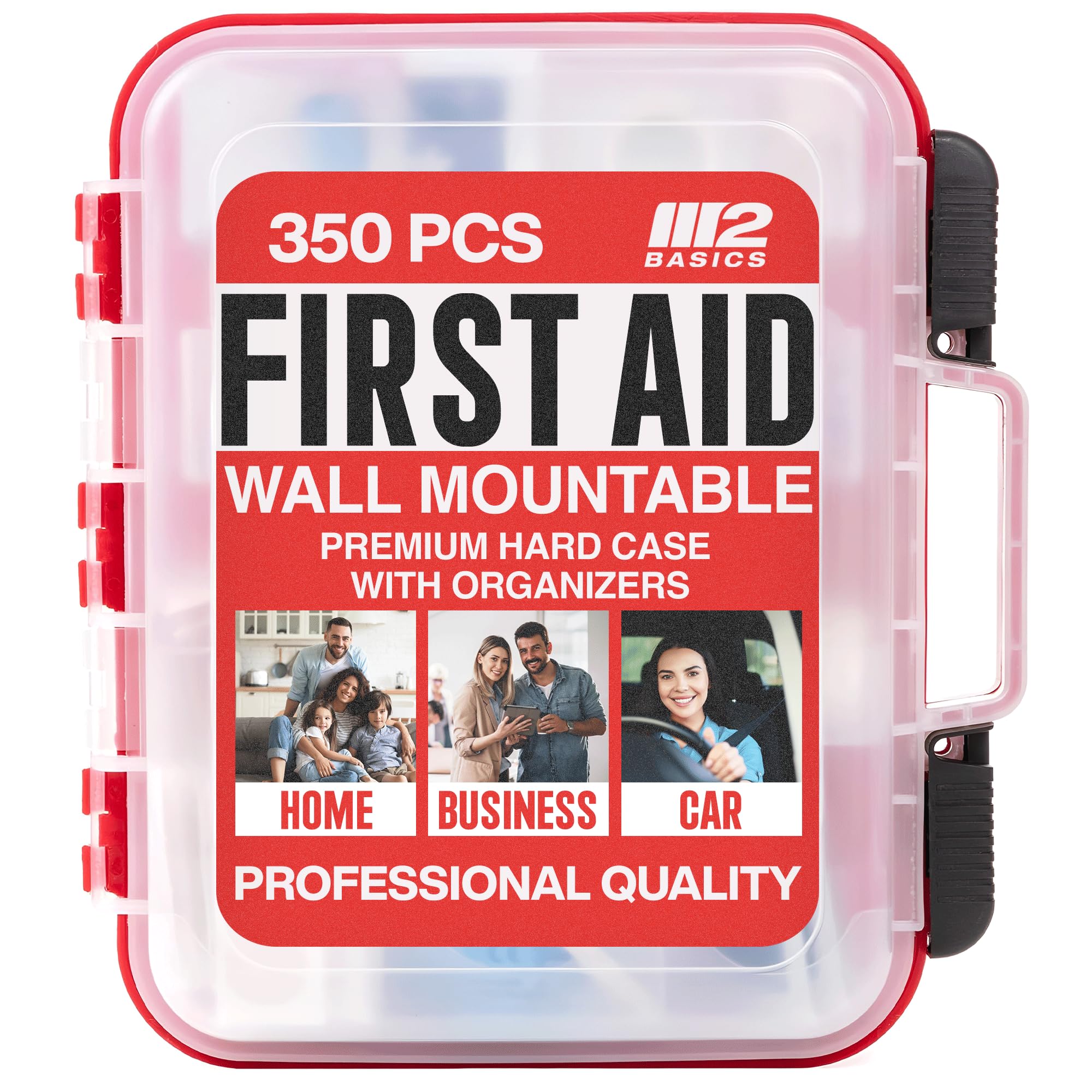 M2 BASICS Professional 350 Piece Emergency First Aid Kit | Business & Home Medical Supplies | Hard Case, Dual Layer, Wall Mountable | Office, Car, School, Camping, Hunting, Sports