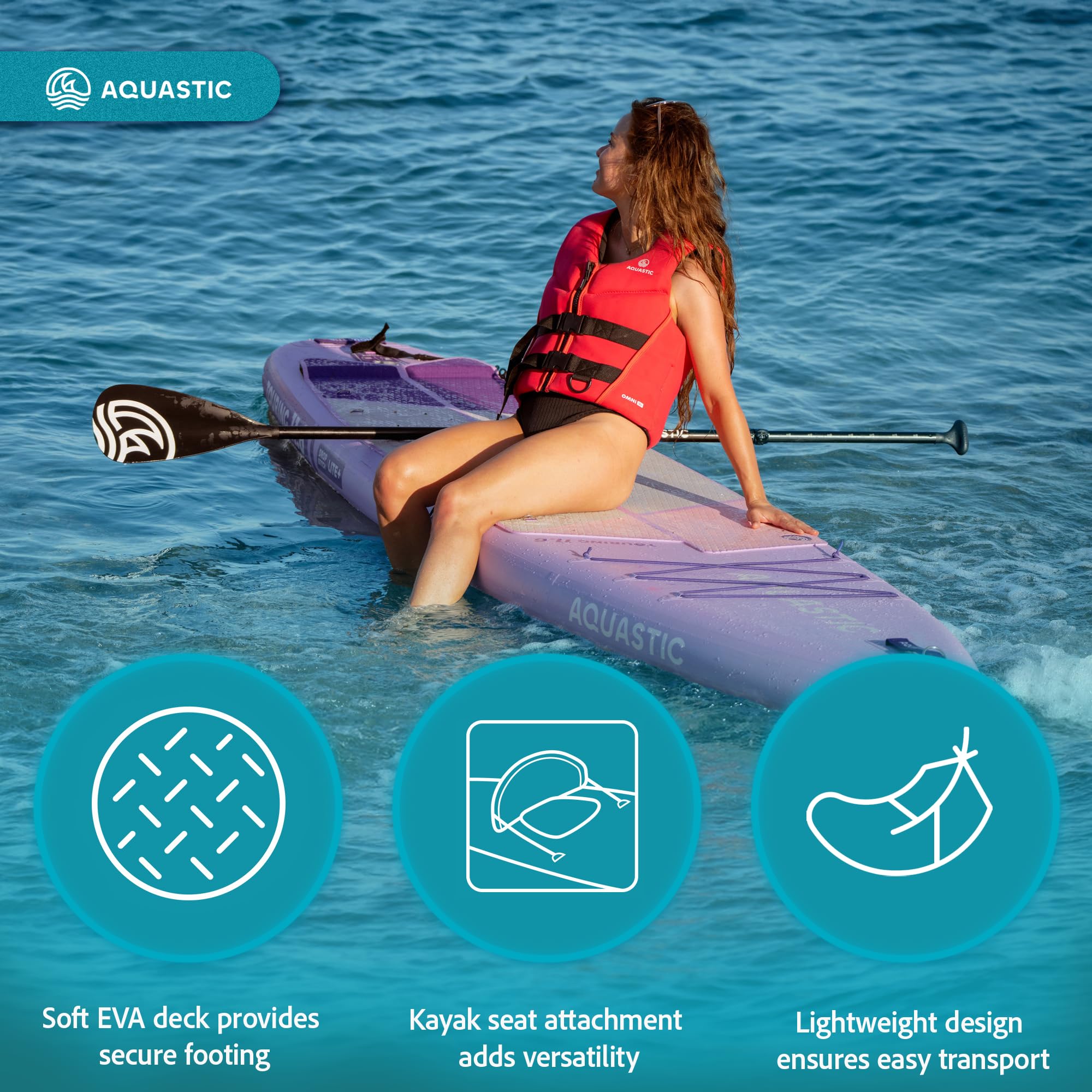 AQUASTIC Touring nadmuchiwana deska SUP 350 x 79 x 15 cm, maksymalne obciążenie 130 kg, pierścienie D do siedzenia kajakiem | 350 x 79 x 15 cm, 330 l, do 130 kg, fioletowy, z siedziskiem kajakowym, wiosłem 2 w 1, pompką, smyczą, płetwami i plecakiem