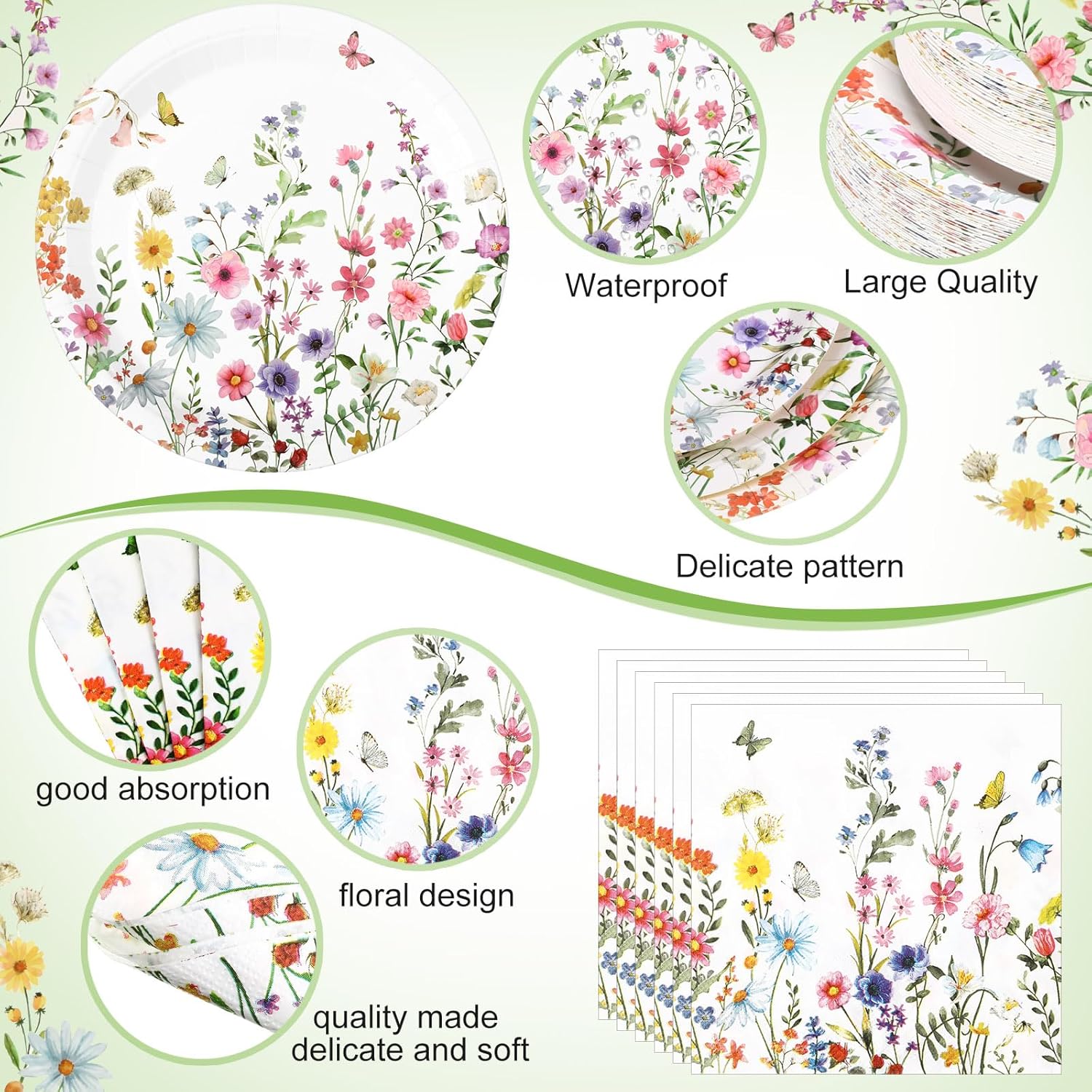 Funnymoom 452 Pcs Wildflower Party Supplies Include Spring Floral Disposable Paper Plates Napkins Cups Tablecloth and Cutlery Straws for Wedding Garden Tea Party Decoration Bridal Shower Baby Shower