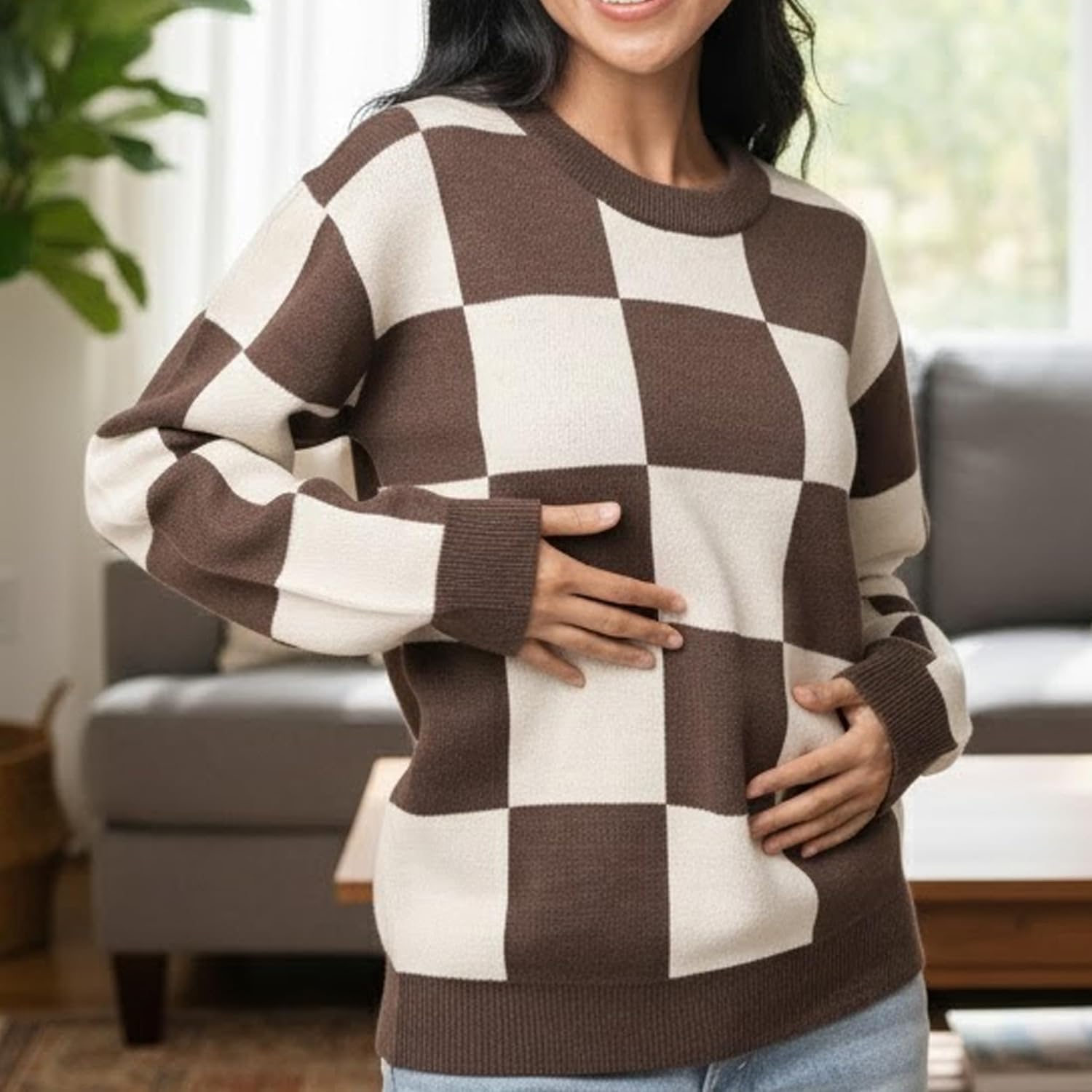 Crew Neck Sweater for Women | Lightweight Knitted Checkered Sweater Women Pullover Long Sleeve Top for Winter - Image 4