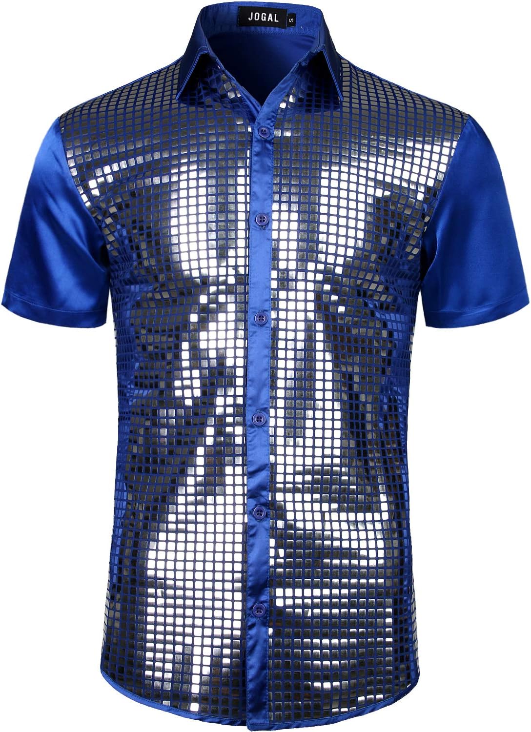JOGALMens 70s Disco Costume Silver Sequins Short Sleeve Button Down Shirts