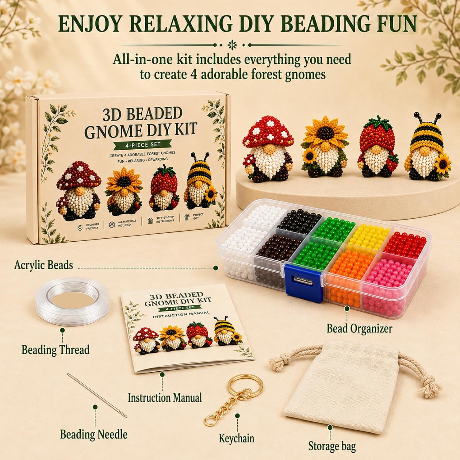 3D Beaded Gnome DIY Kit, Mini Beaded Gnome Craft Kit, Funny Handmade Gnome DIY Decor with Instructions, Perfect for Beginners & Craft Lovers (Seasonal Gnome)