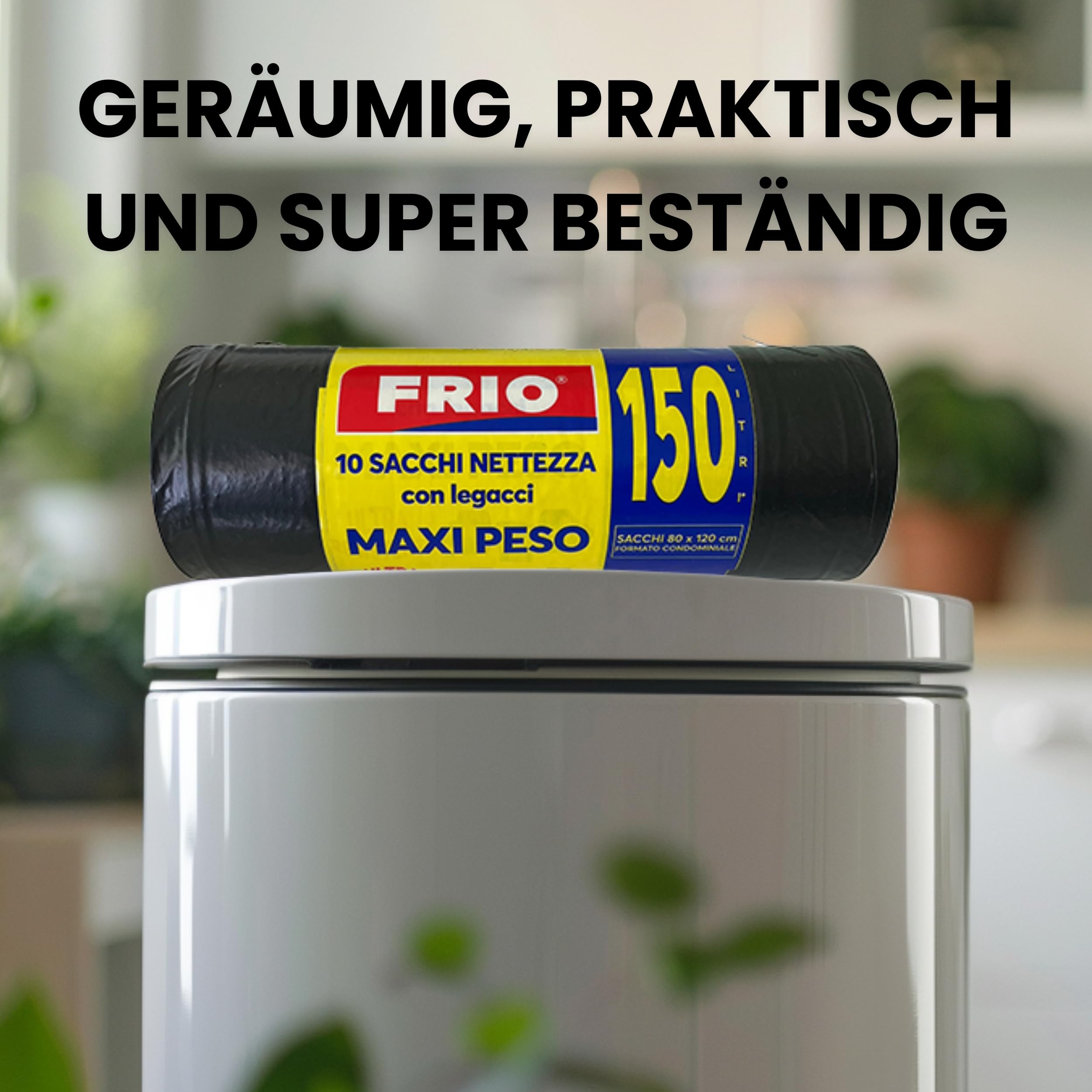 FRIO 200 große schwarze Müllsäcke, 150 Liter, Müllbeutel für Gemeinschaftsmüll, Vorratspack für Mülltrennungstonne, mit Verschlussbändern; Müllsäcke 80x120 cm, mehrschichtig, reißfest