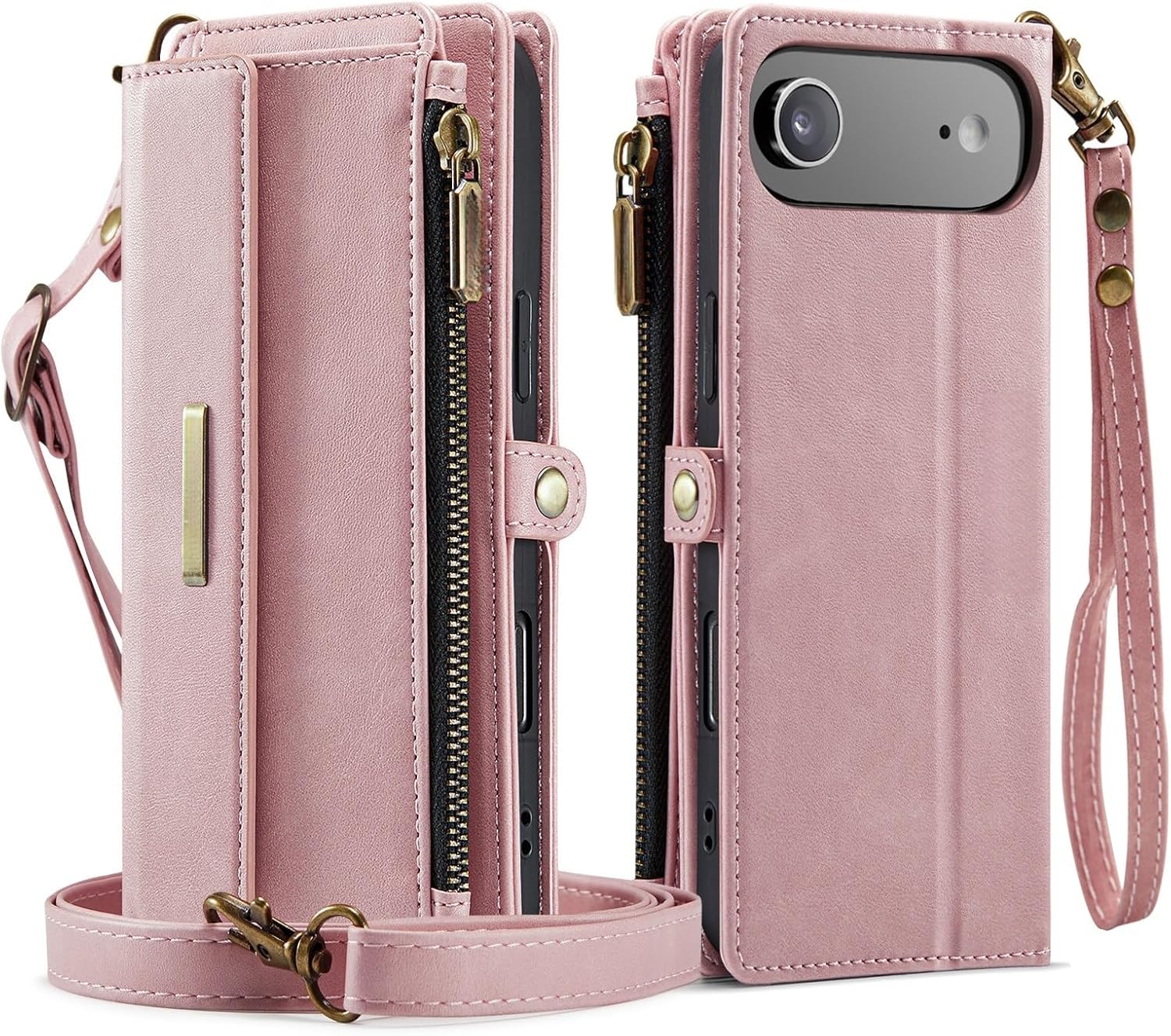 Wallet Case for iPhone 17 Pro Max/17 Pro/17 Air/17, RFID Blocking PU Leather Zipper Case with 9 Card Slots, Cash Pocket, Wrist & Shoulder Strap, Wireless Charging Compatible(Pink,17 Air)