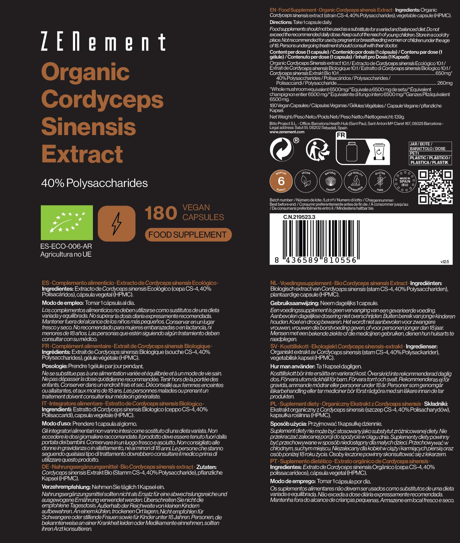 Cordyceps Sinensis Bio | 6500 mg (Estratto CS-4 10:1) alto dosaggio, con il 40% di Polisaccaridi Bioattivi | 180 capsule | 100% biologico, Vegano, Senza Additivi | Zenement