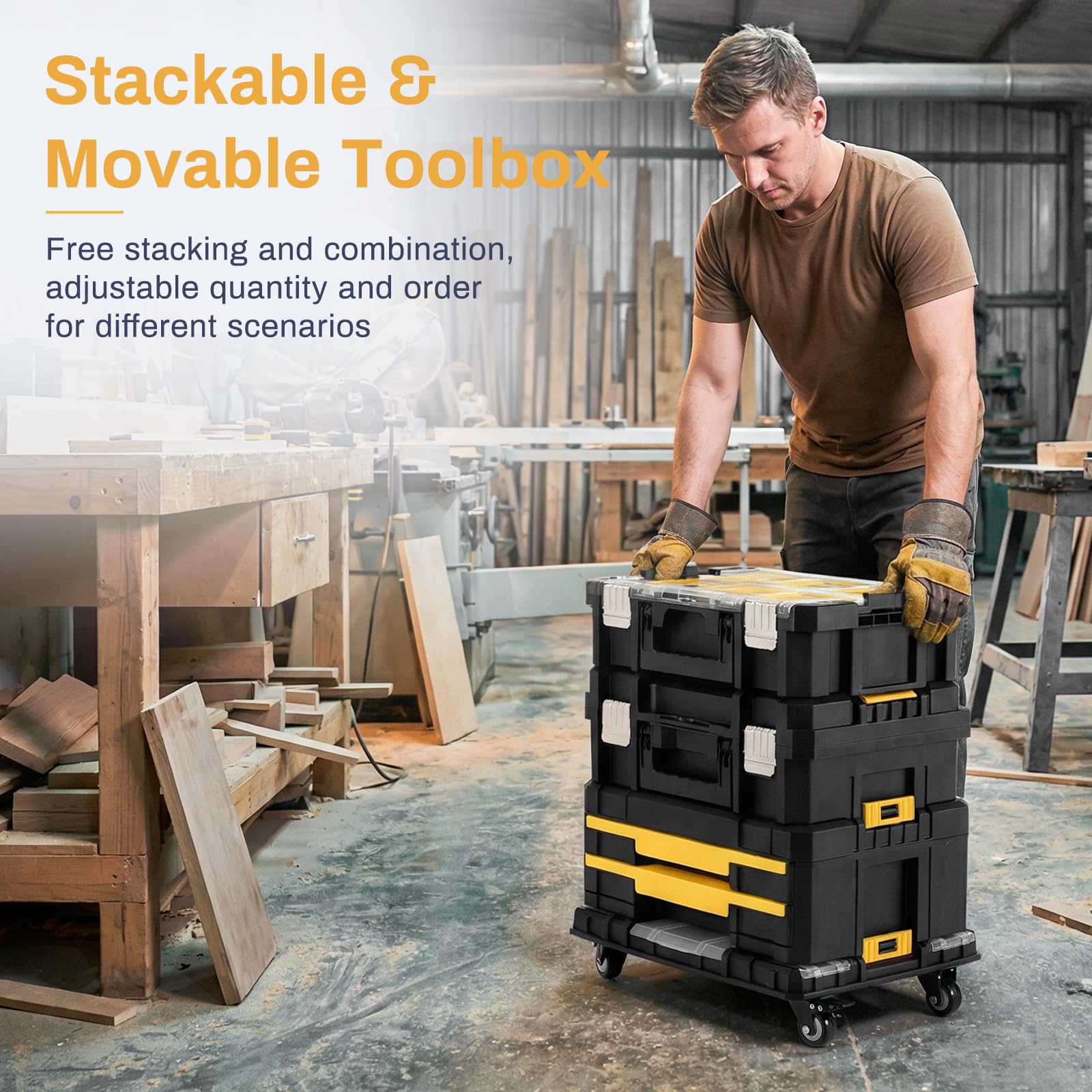 Cassetta Attrezzi 4 Livelli, Sistema Modulare Impilabile con Ruote, Cassetti, Cassetta Degli Attrezzi Mobile per Officina, Garage e Casa, 44,5 x 35 x 52 cm